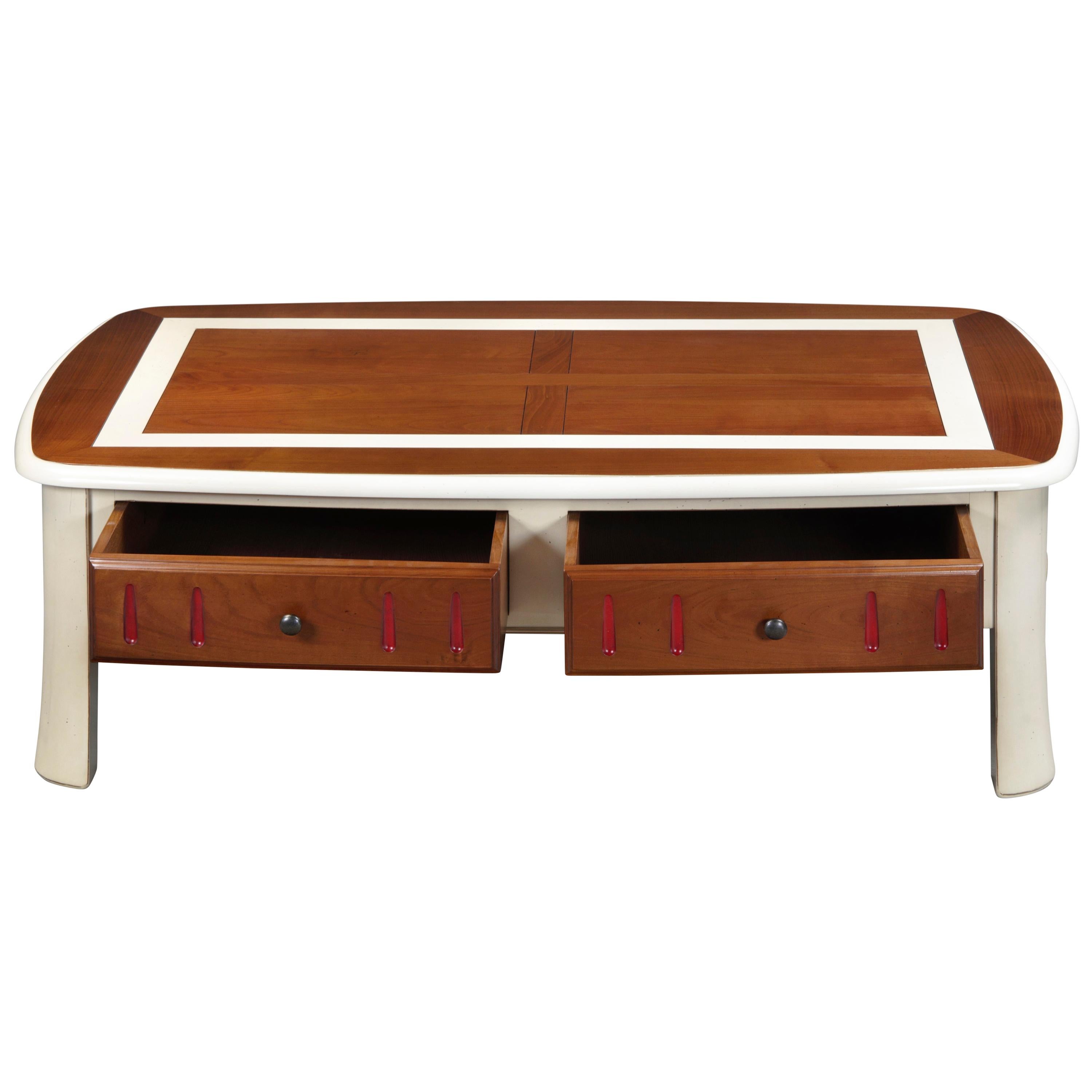Coffee Table Tradition in Cherry Wood with 2 Drawers, 100% Made in France For Sale 2
