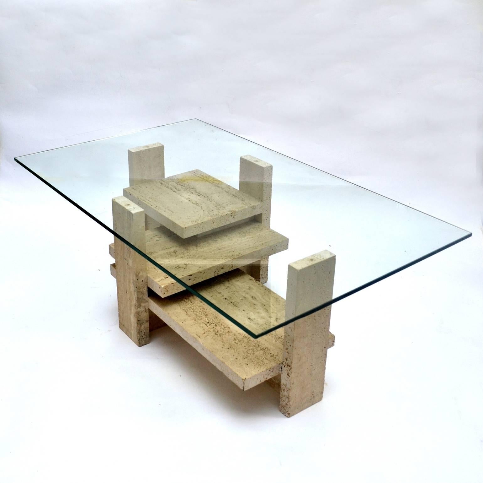 Mid-Century Modern Coffee Table by Willy Ballez in Travertine and Glass 1970s