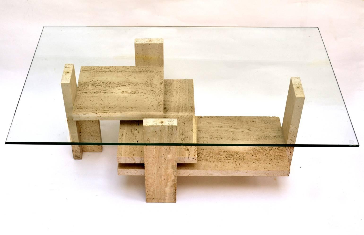 Hand-Crafted Coffee Table by Willy Ballez in Travertine and Glass 1970s