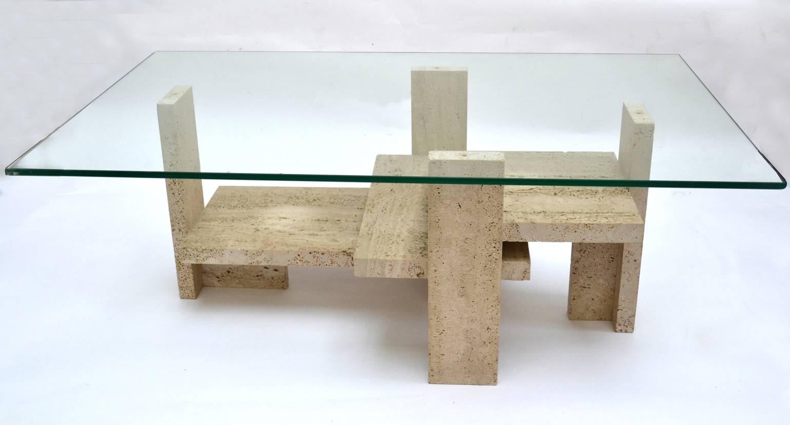 Coffee Table by Willy Ballez in Travertine and Glass 1970s In Excellent Condition In London, GB