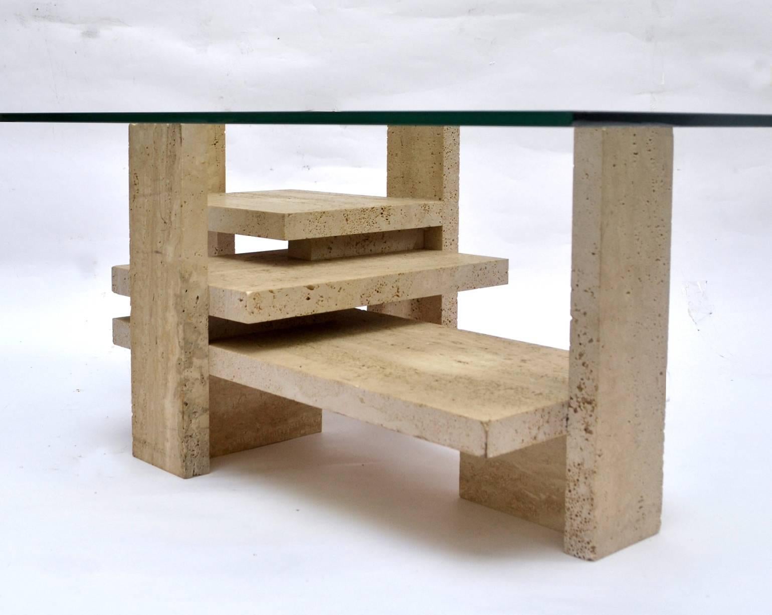 Late 20th Century Coffee Table by Willy Ballez in Travertine and Glass 1970s