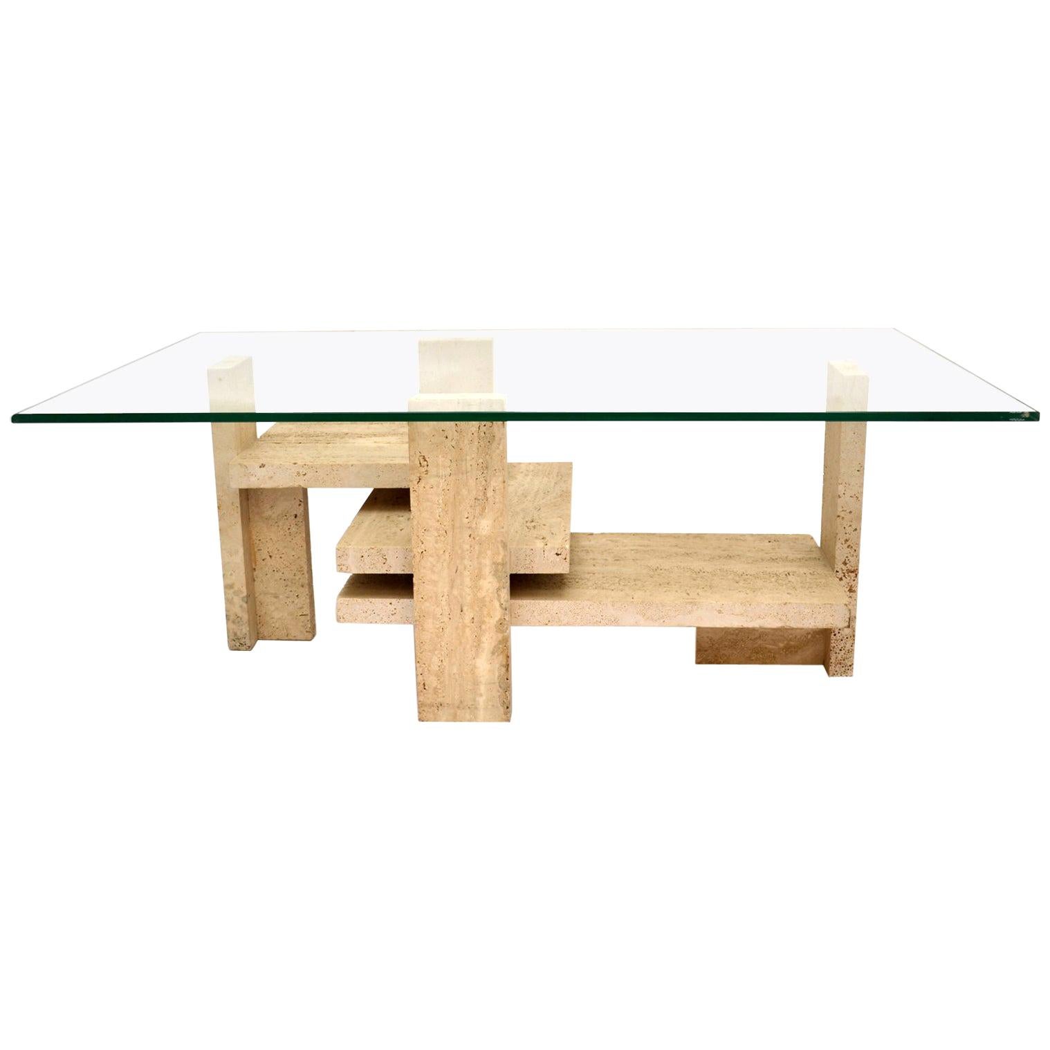 Coffee Table Travertine and Glass by Willy Ballez, 1970s