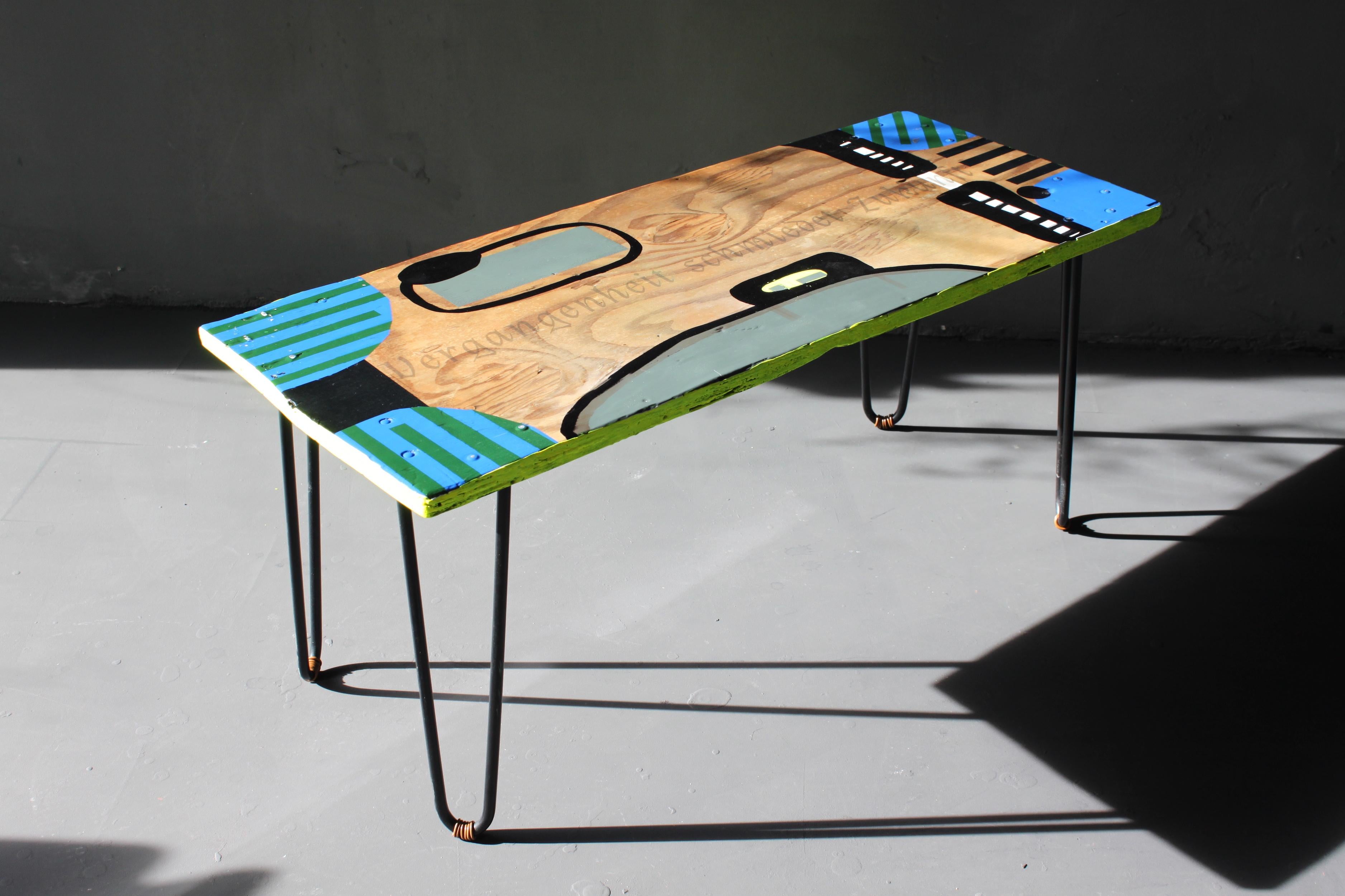 Painted and multi-lacquered with 2K lacquer, 60 Year old Plywood Table Top in different colors, Hairpin Feet. Contemporary pattern with added words of true meaning. 