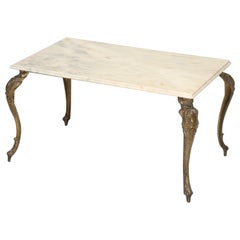 Coffee Table, Vintage French Made of Brass with a Marble Top