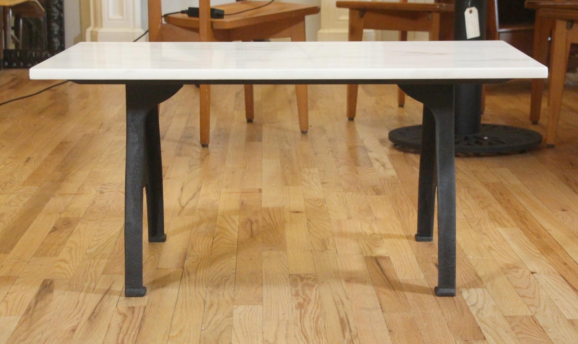 Coffee Table w/ Cast Iron Industrial Legs White Marble + Gray Tan Veins 6