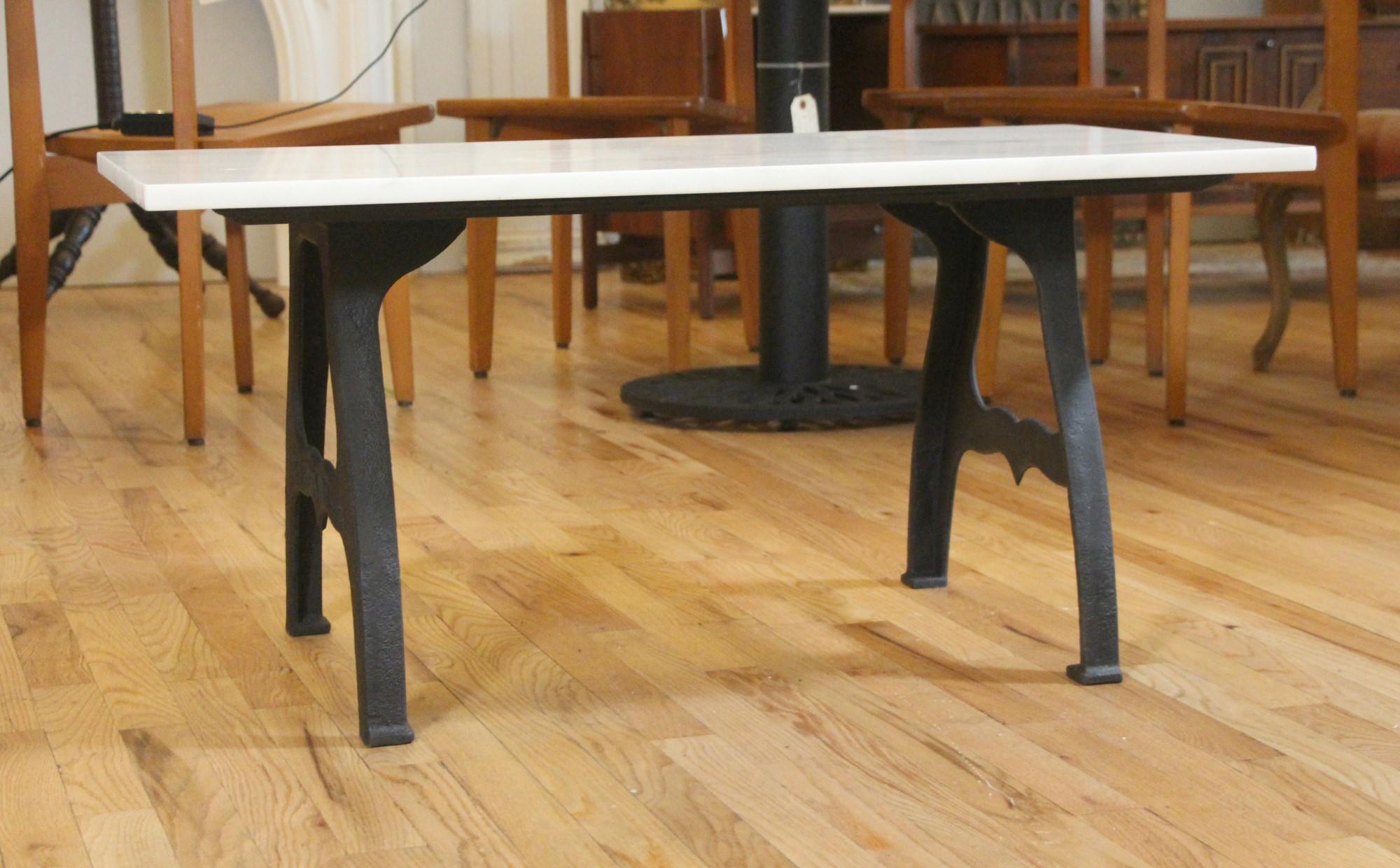 Coffee Table w/ Cast Iron Industrial Legs White Marble + Gray Tan Veins 7