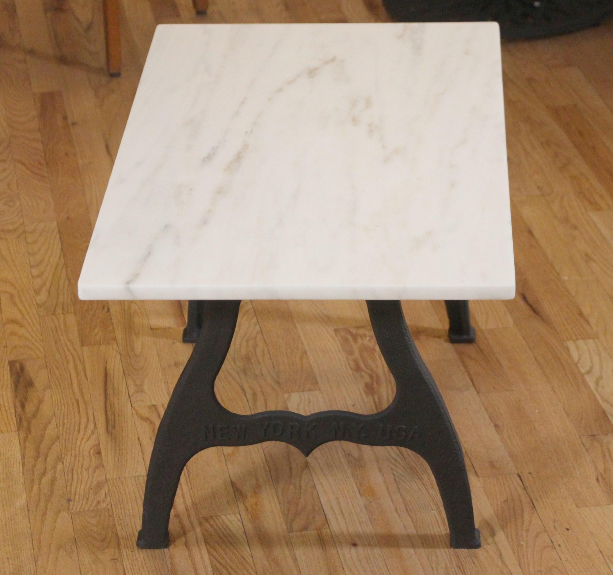 Contemporary Coffee Table w/ Cast Iron Industrial Legs White Marble + Gray Tan Veins