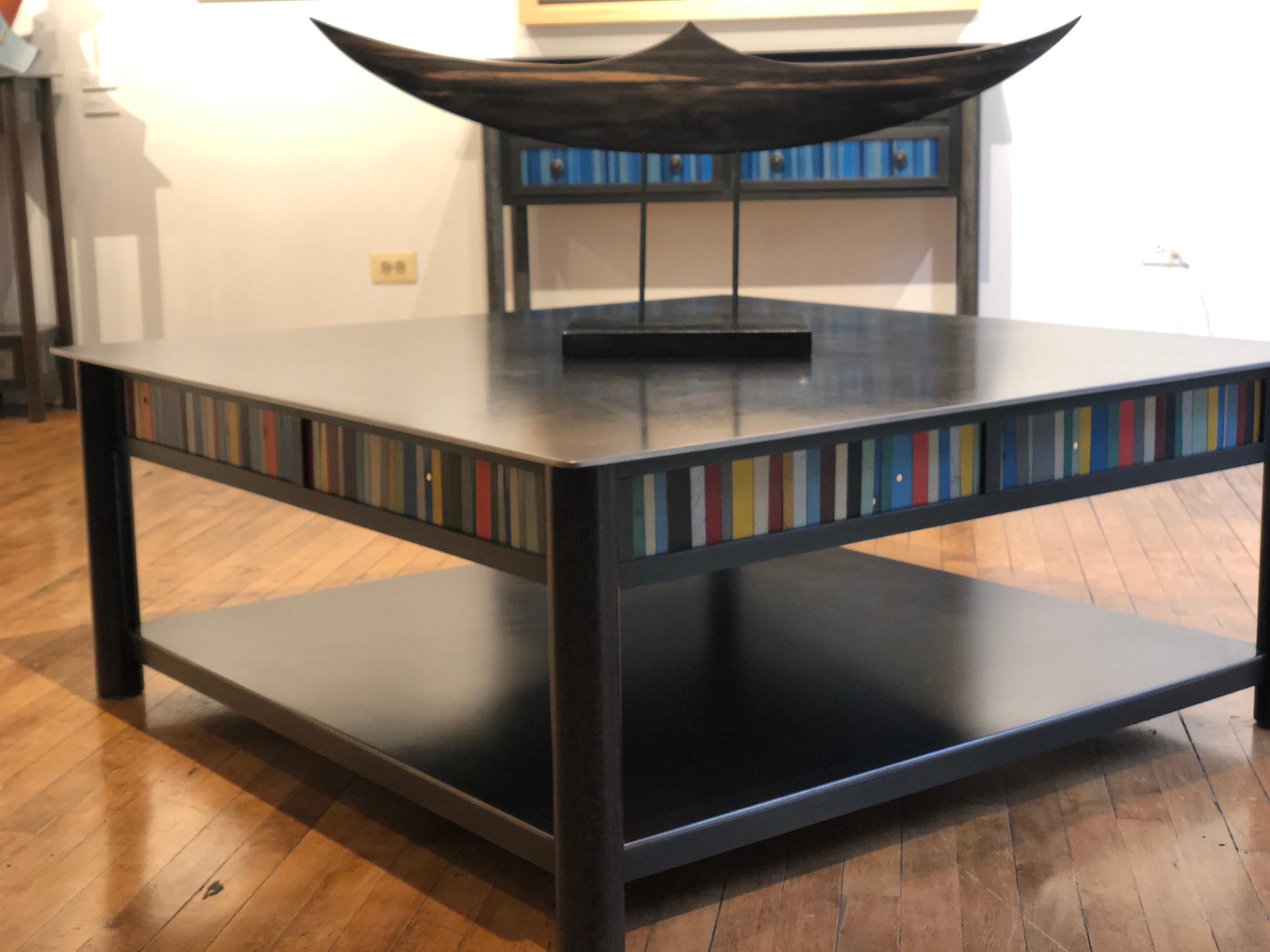 Mid-Century Modern Jim Rose Steel Furniture - Square Coffee Table with Shelf and Multi-Color Panels