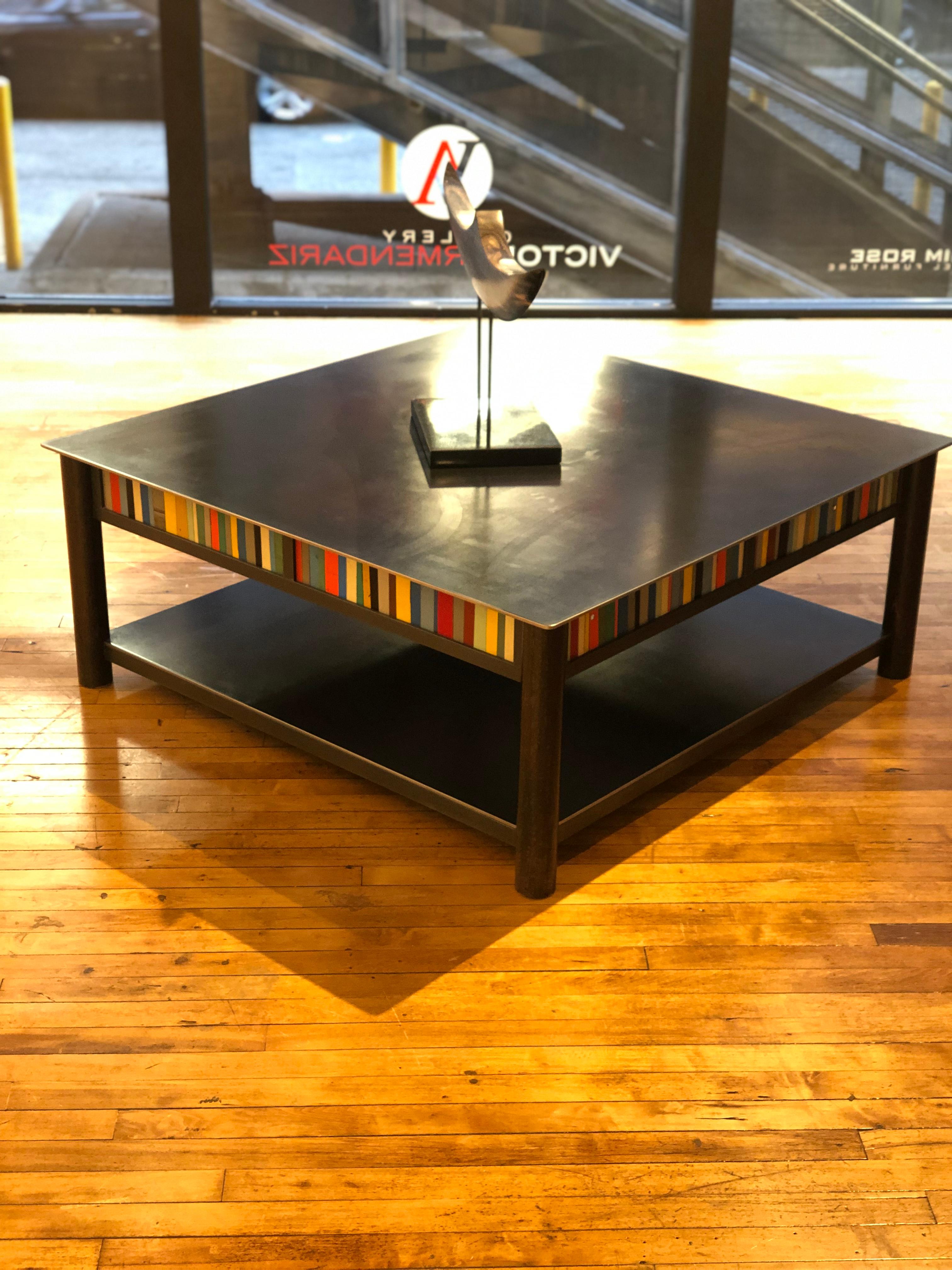 Welded Jim Rose Steel Furniture - Square Coffee Table with Shelf and Multi-Color Panels