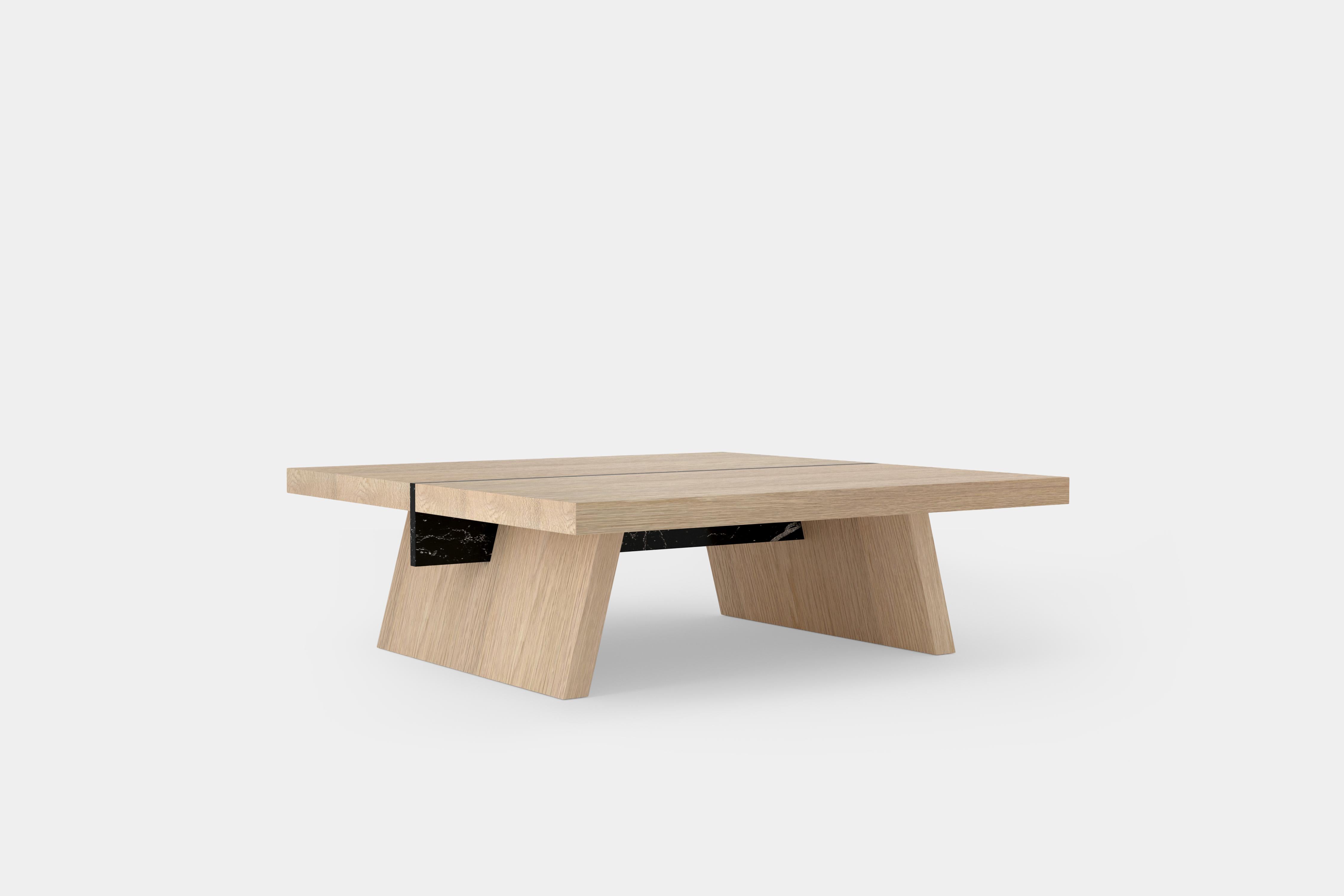 Mexican Laws of Motion Square Coffee Table in Oak Solid Wood and Marble by Joel Escalona