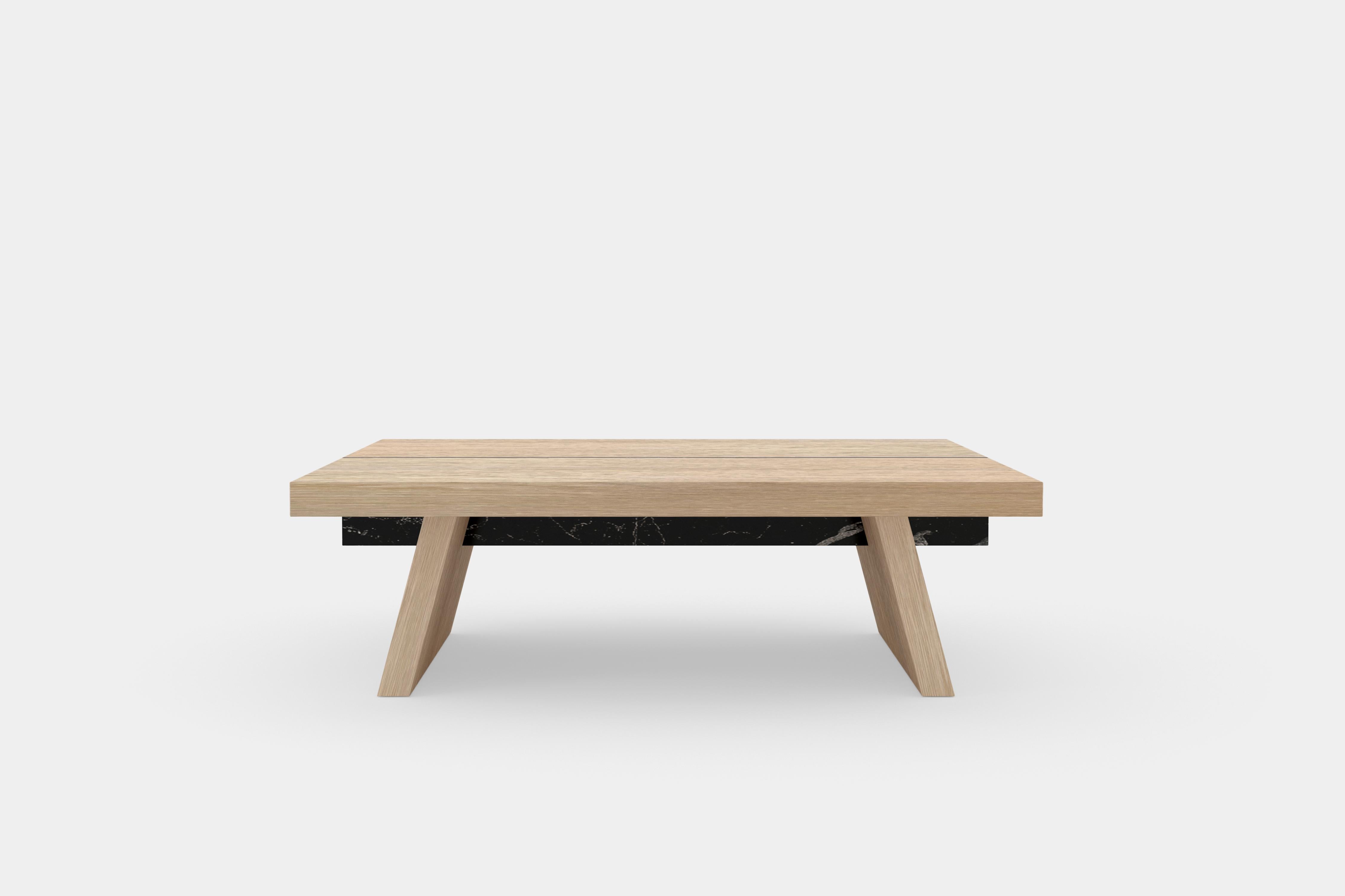 Contemporary Laws of Motion Square Coffee Table in Oak Solid Wood and Marble by Joel Escalona For Sale