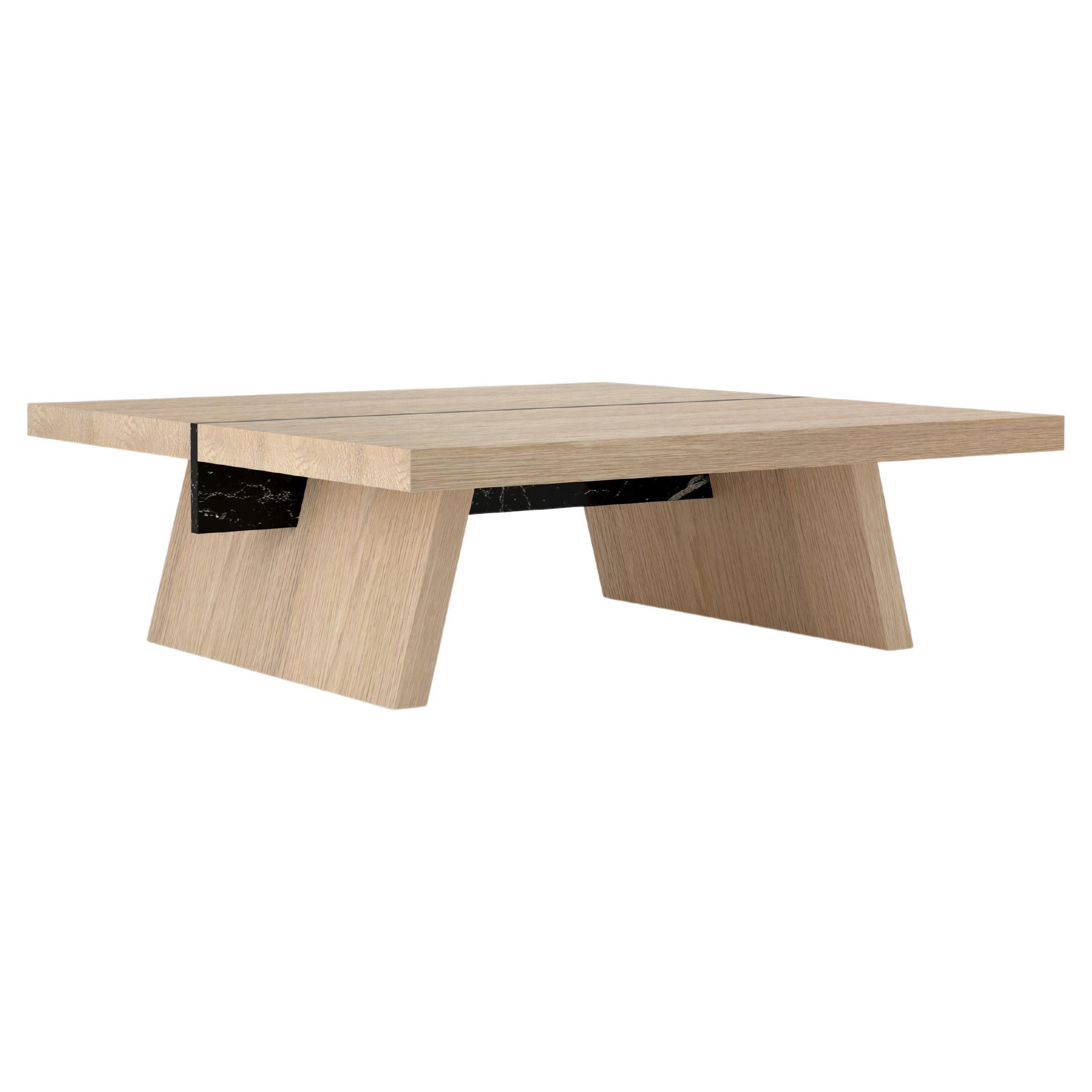 Laws of Motion Square Coffee Table in Oak Solid Wood and Marble by Joel Escalona For Sale