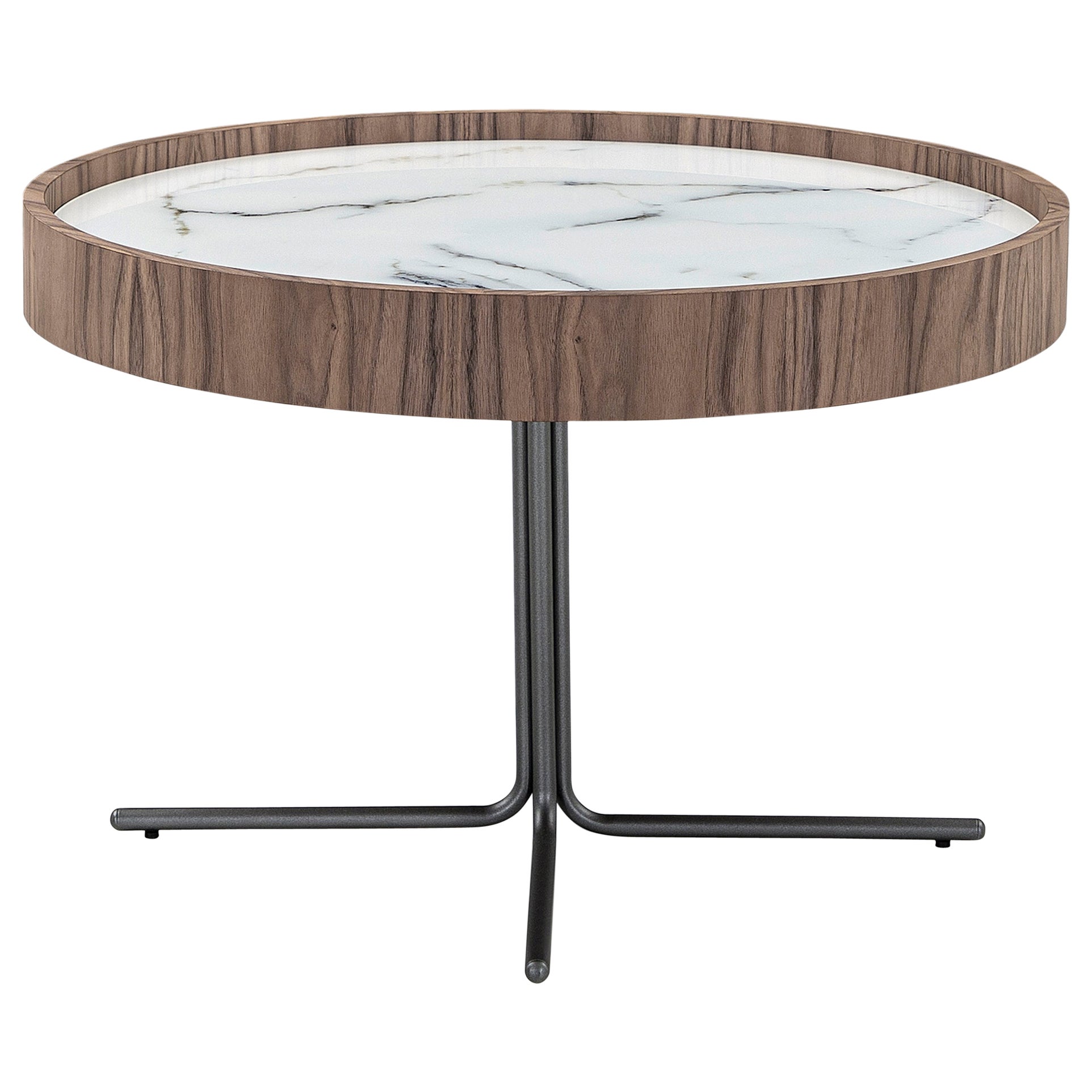 Mesa de centro con tapa de cristal de mármol blanco de 27 pulgadas y chapa de nogal - Regia Line