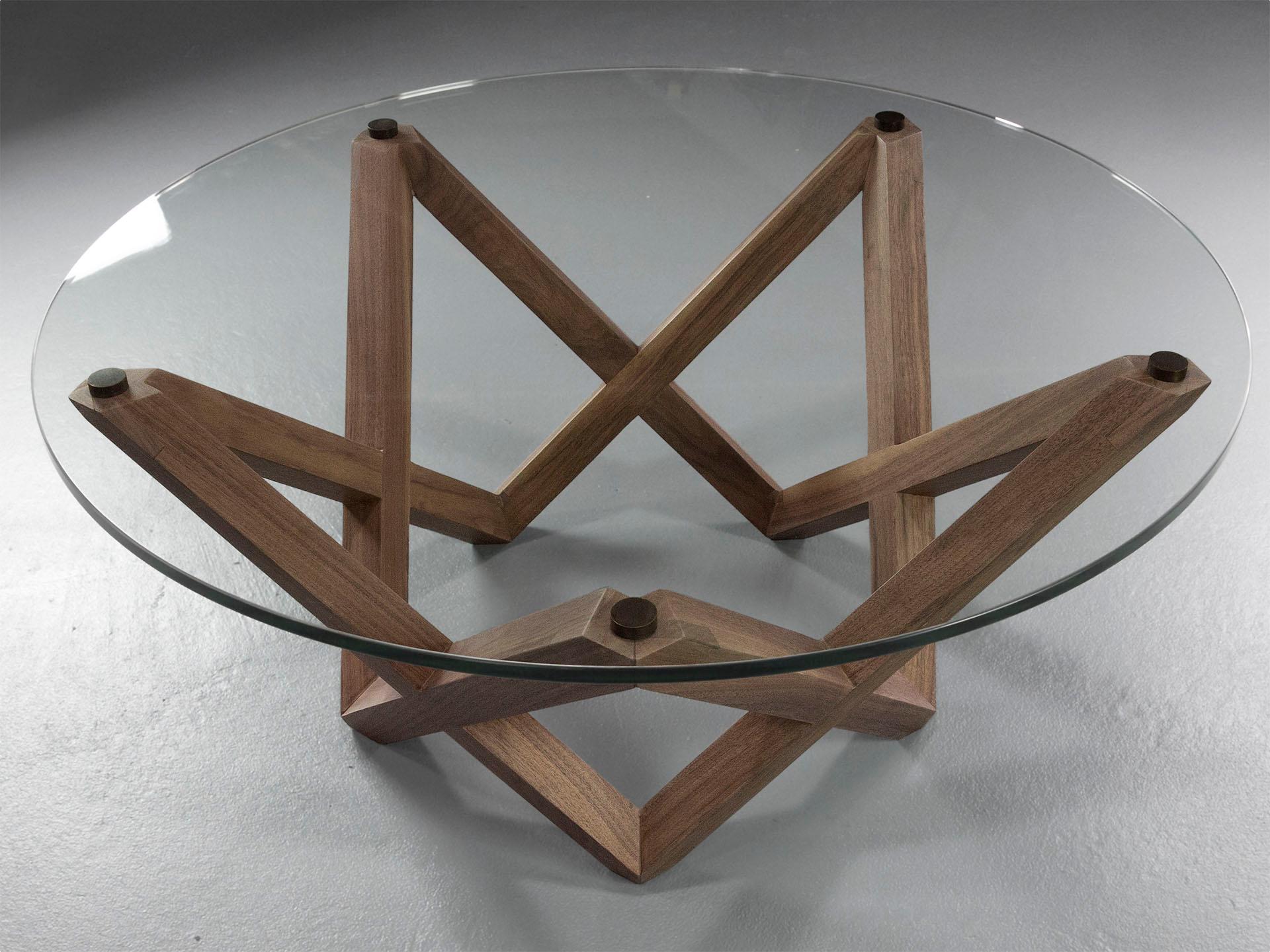 COFFEE TABLE with a black walnut star shaped base and round glass top In New Condition For Sale In East Hampton, NY