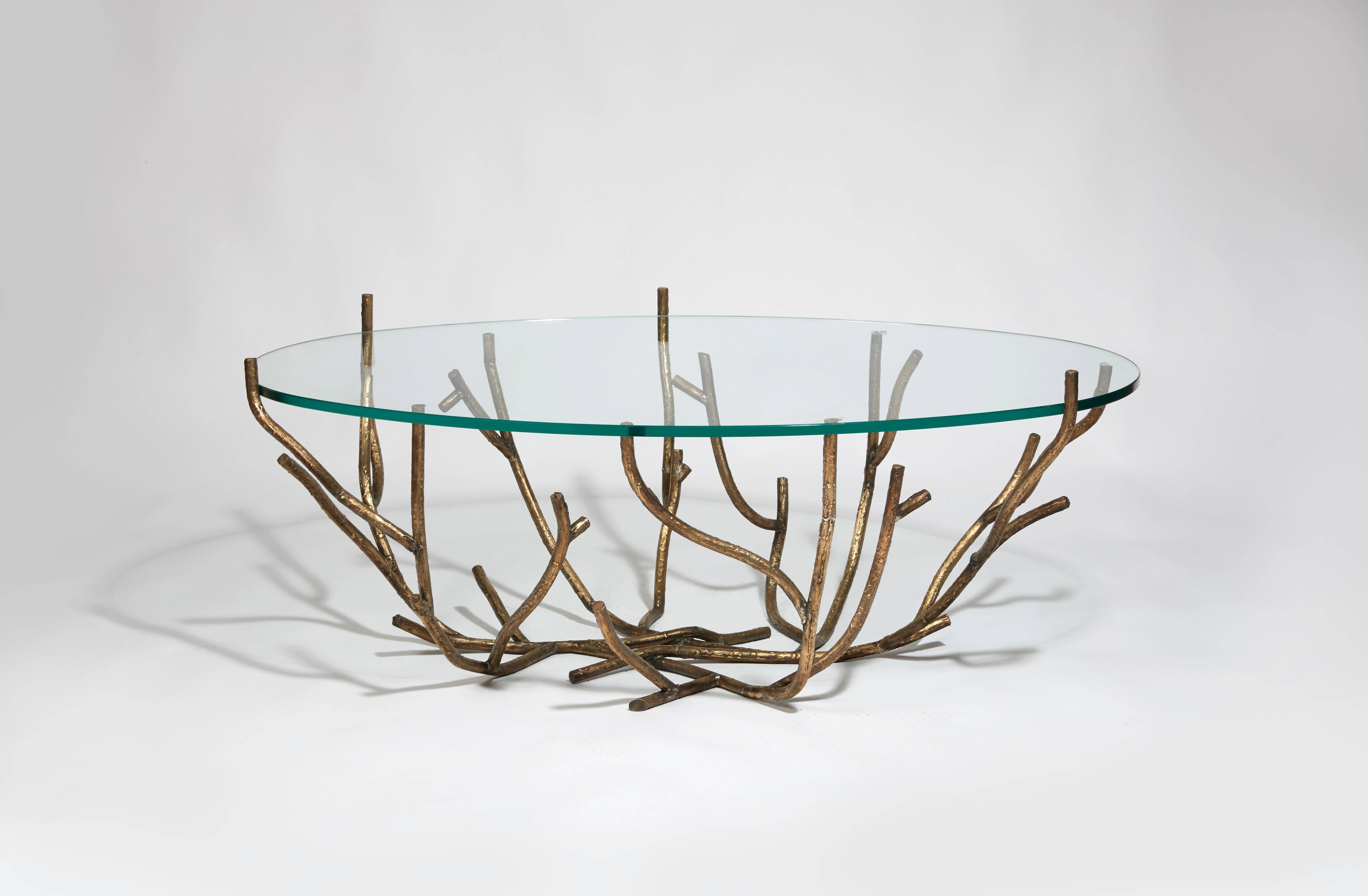 Coffee table with a bough base in patinated bronze and glass top. Stamped WH STUDIO.
Conceived and executed in 2017.
One of a kind.
 