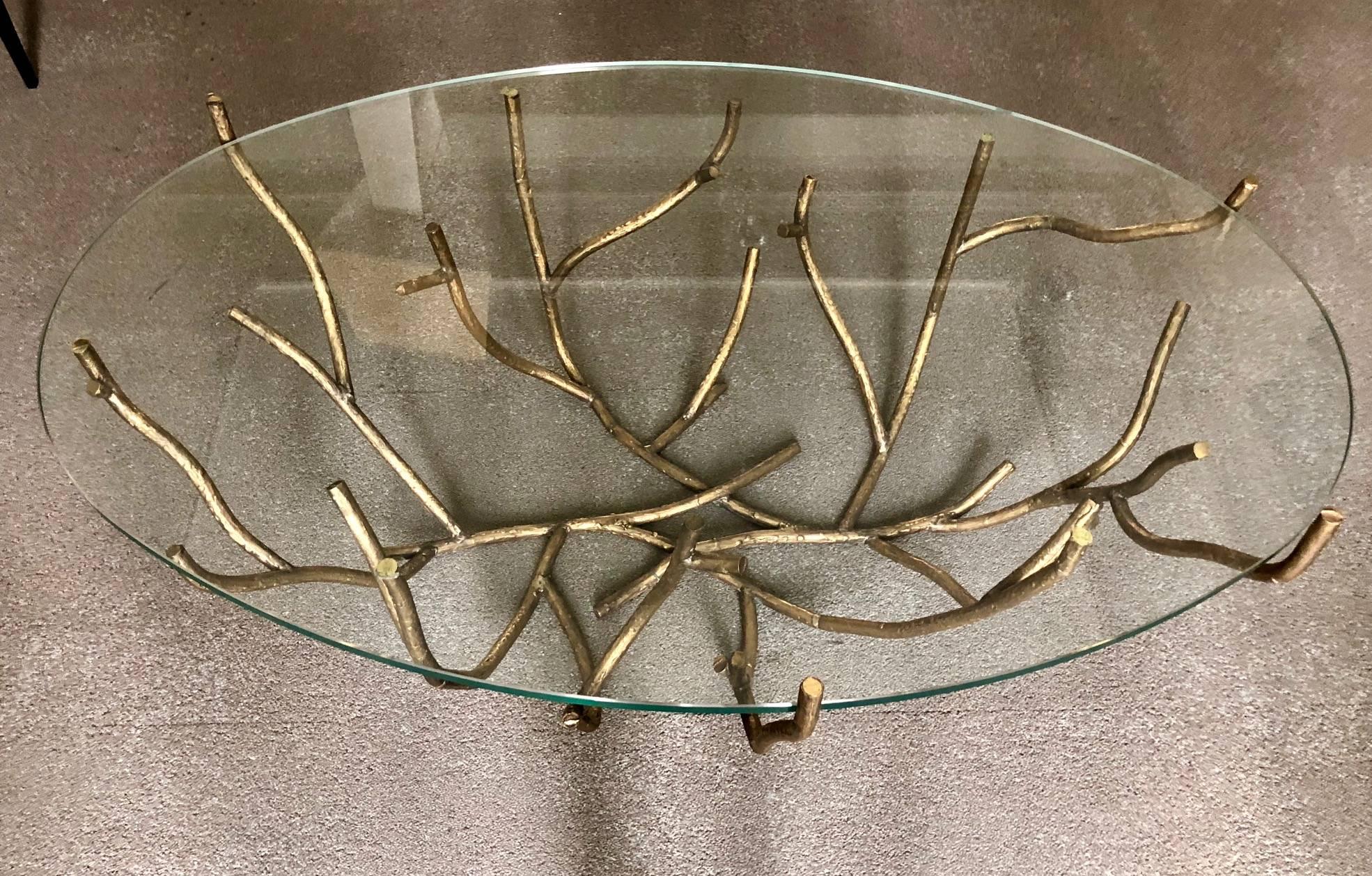 Coffee Table with a Bough Base in Patinated Bronze and Glass Top  In Excellent Condition In Paris, FR