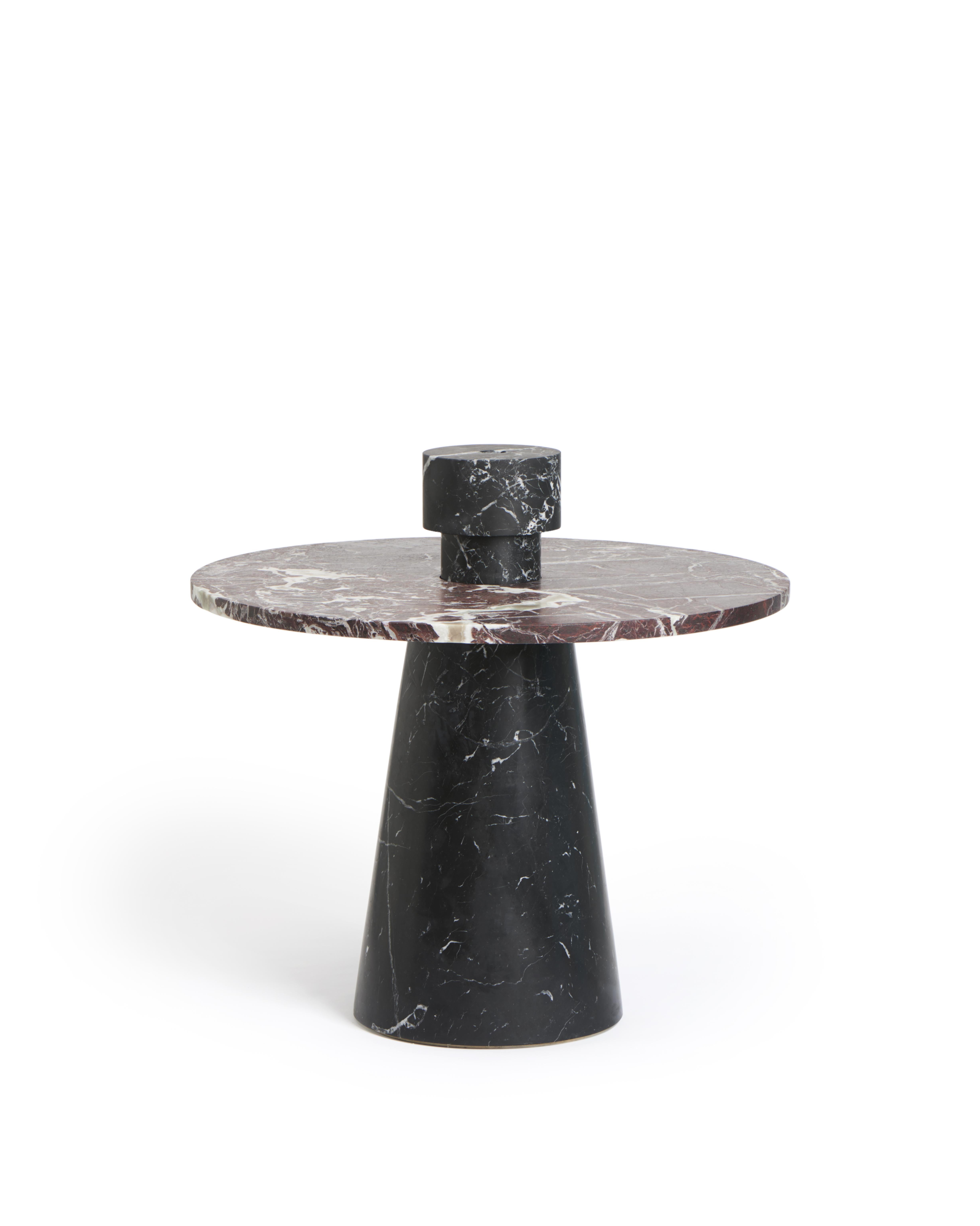 New Modern Side Table Red and Black Marble, Creator Karen Chekerdjian STOCK For Sale 1