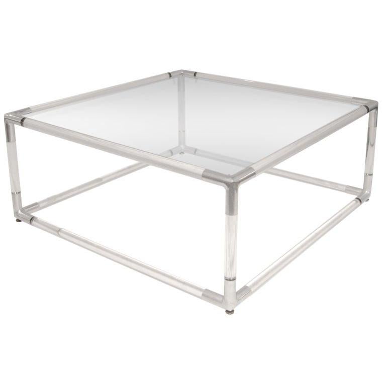 American Coffee Table with Base in Lucite with Chrome Corners For Sale