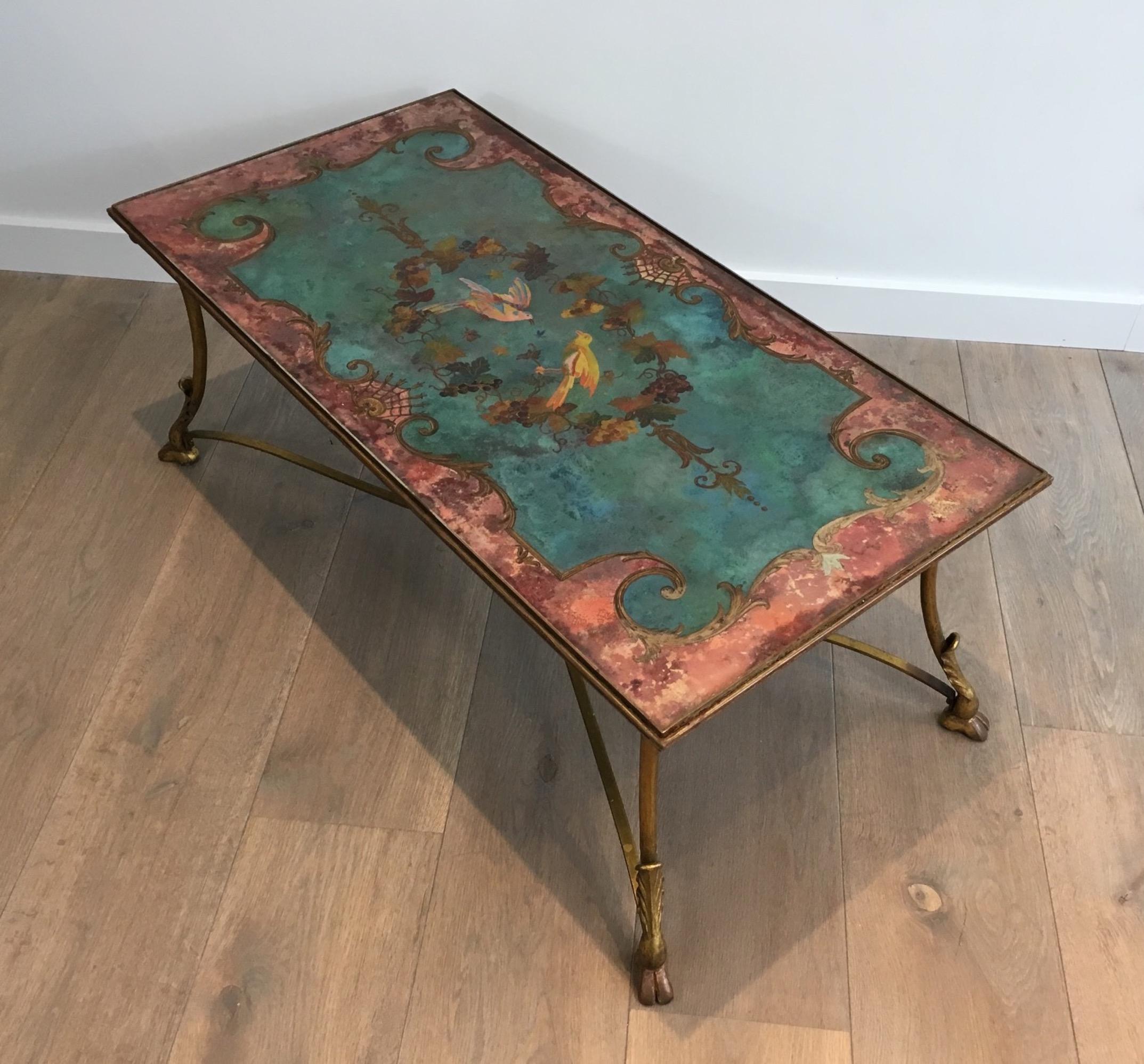 Coffee Table with Beautiful Painting on Top Representing Birds and Flowers 6