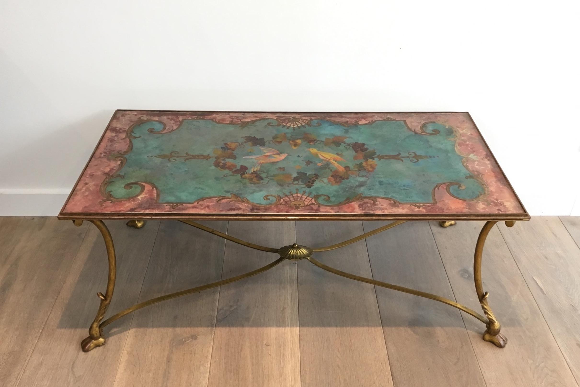 Coffee Table with Beautiful Painting on Top Representing Birds and Flowers 7