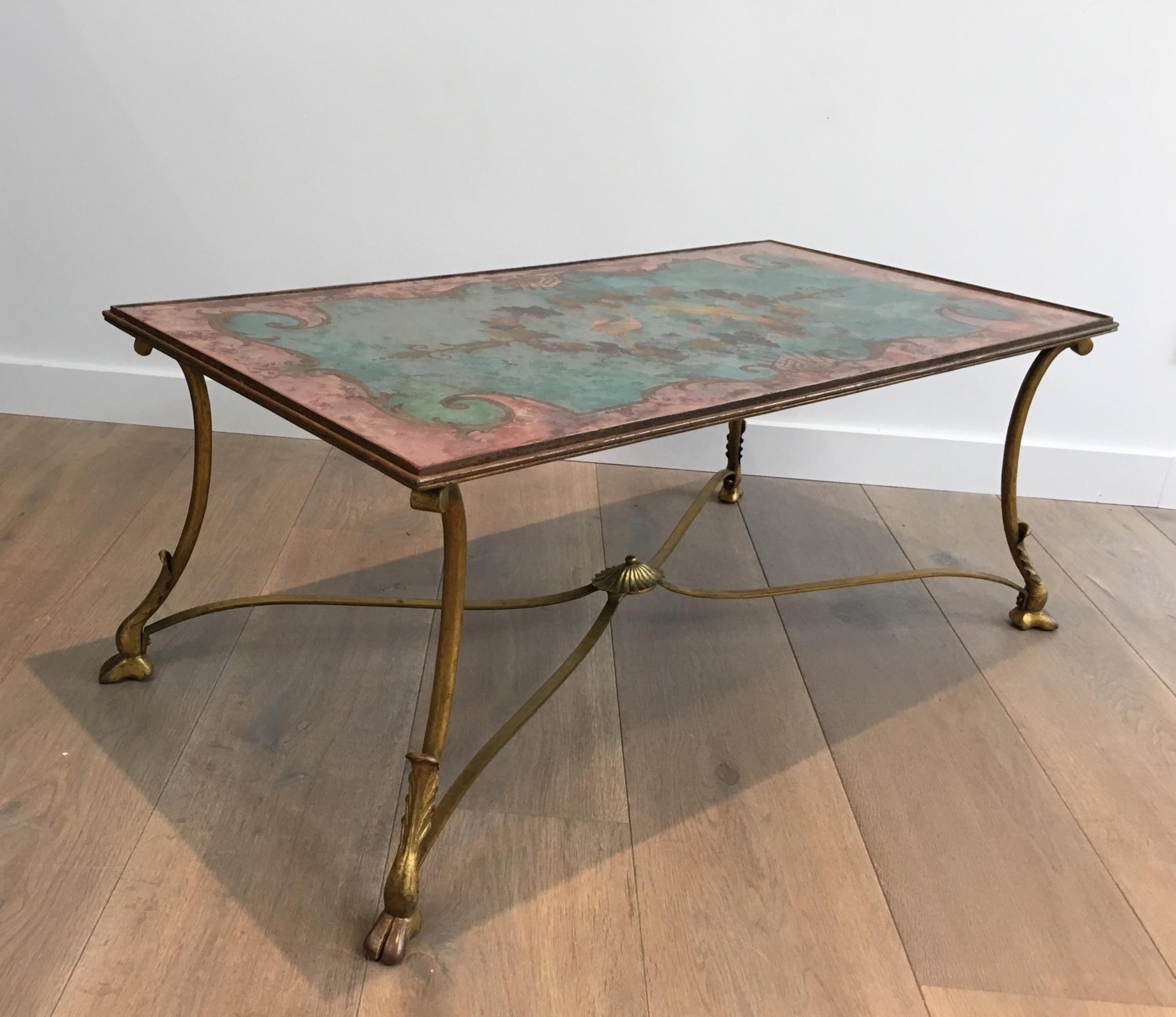 Coffee Table with Beautiful Painting on Top Representing Birds and Flowers 8