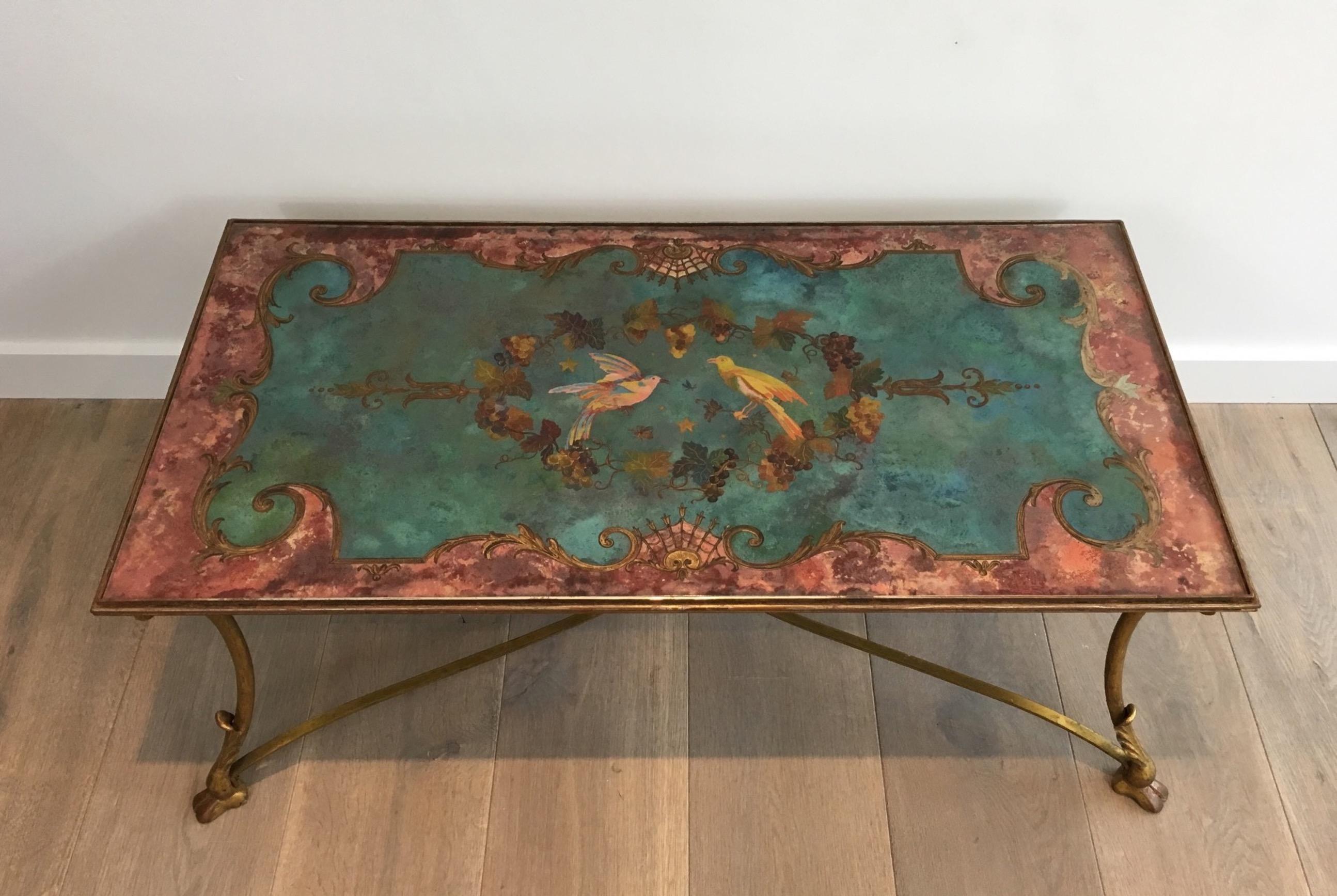 Coffee Table with Beautiful Painting on Top Representing Birds and Flowers 9