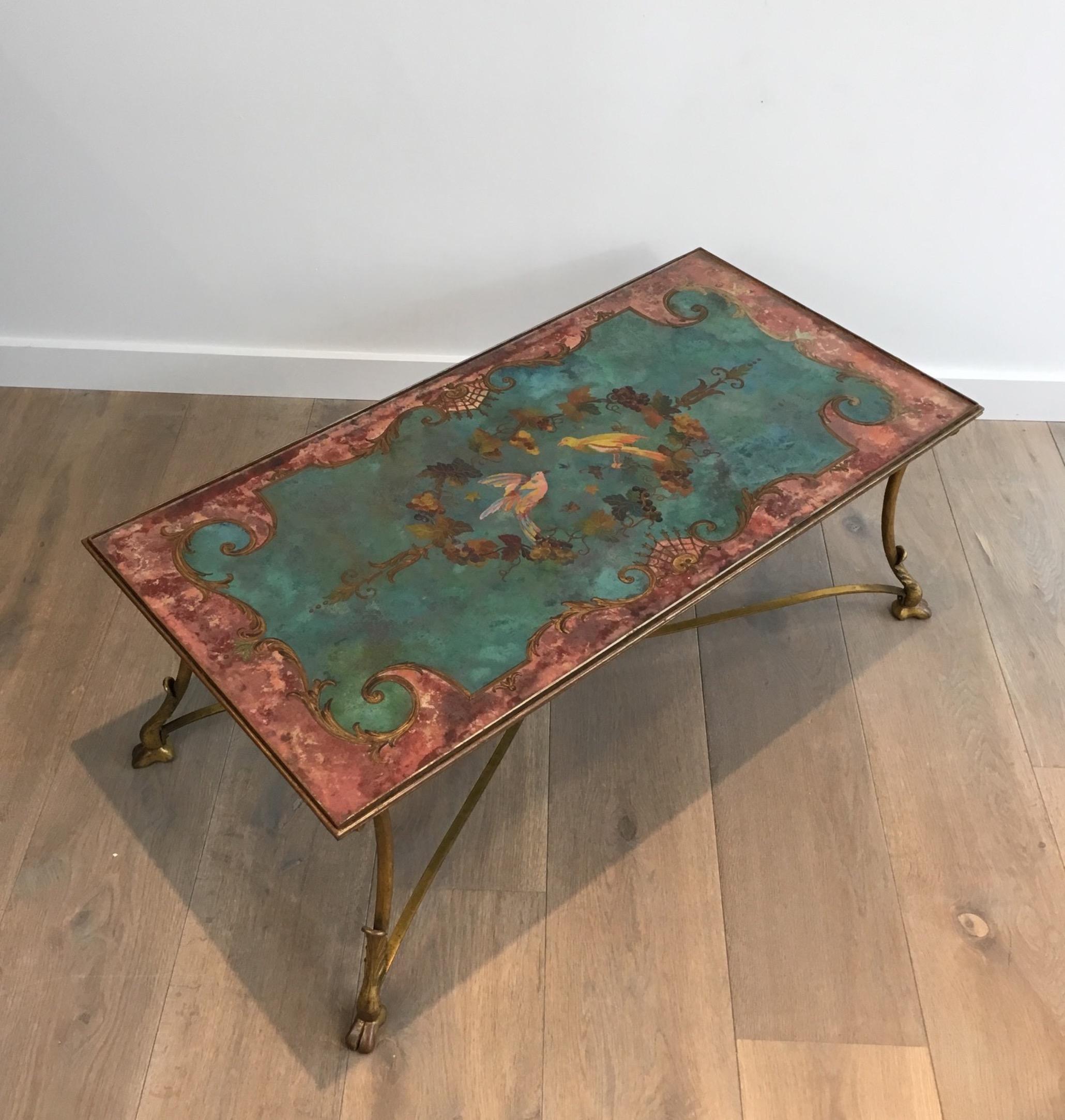 Coffee Table with Beautiful Painting on Top Representing Birds and Flowers 11