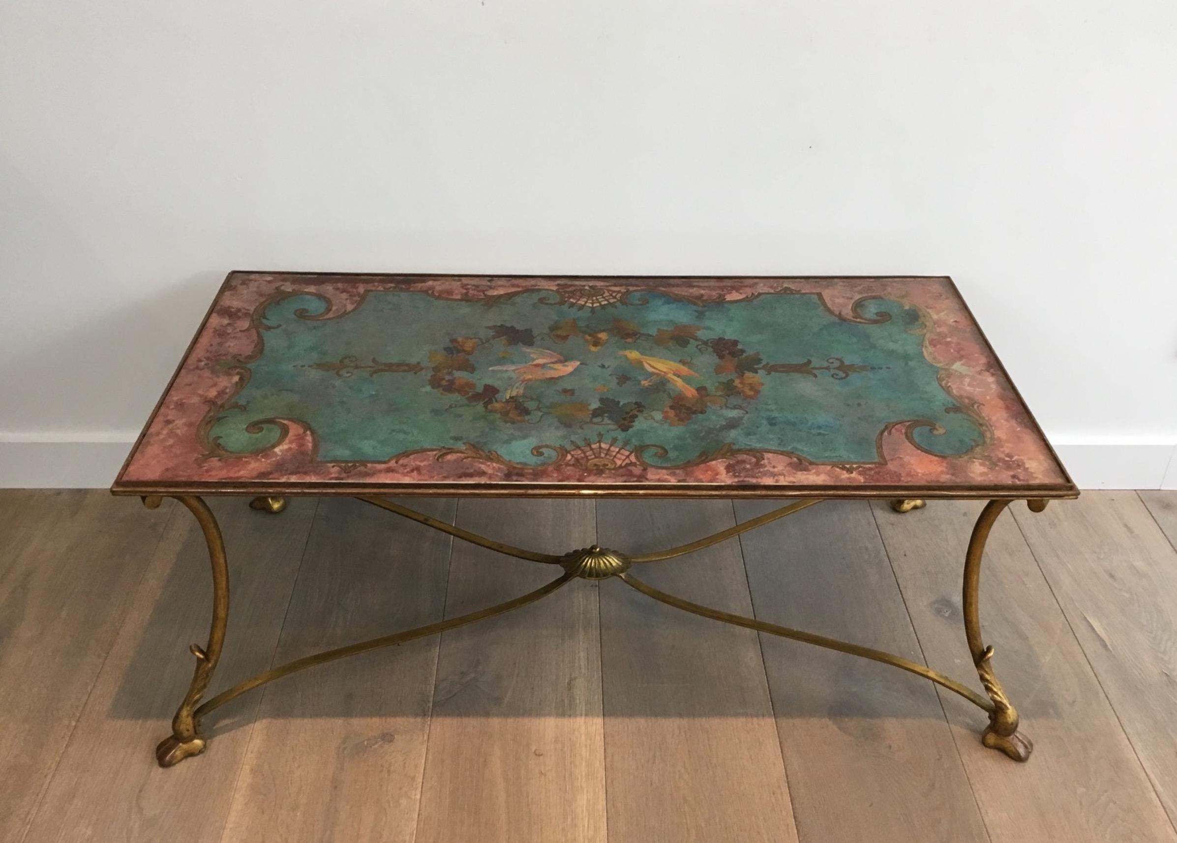 Coffee Table with Beautiful Painting on Top Representing Birds and Flowers 12
