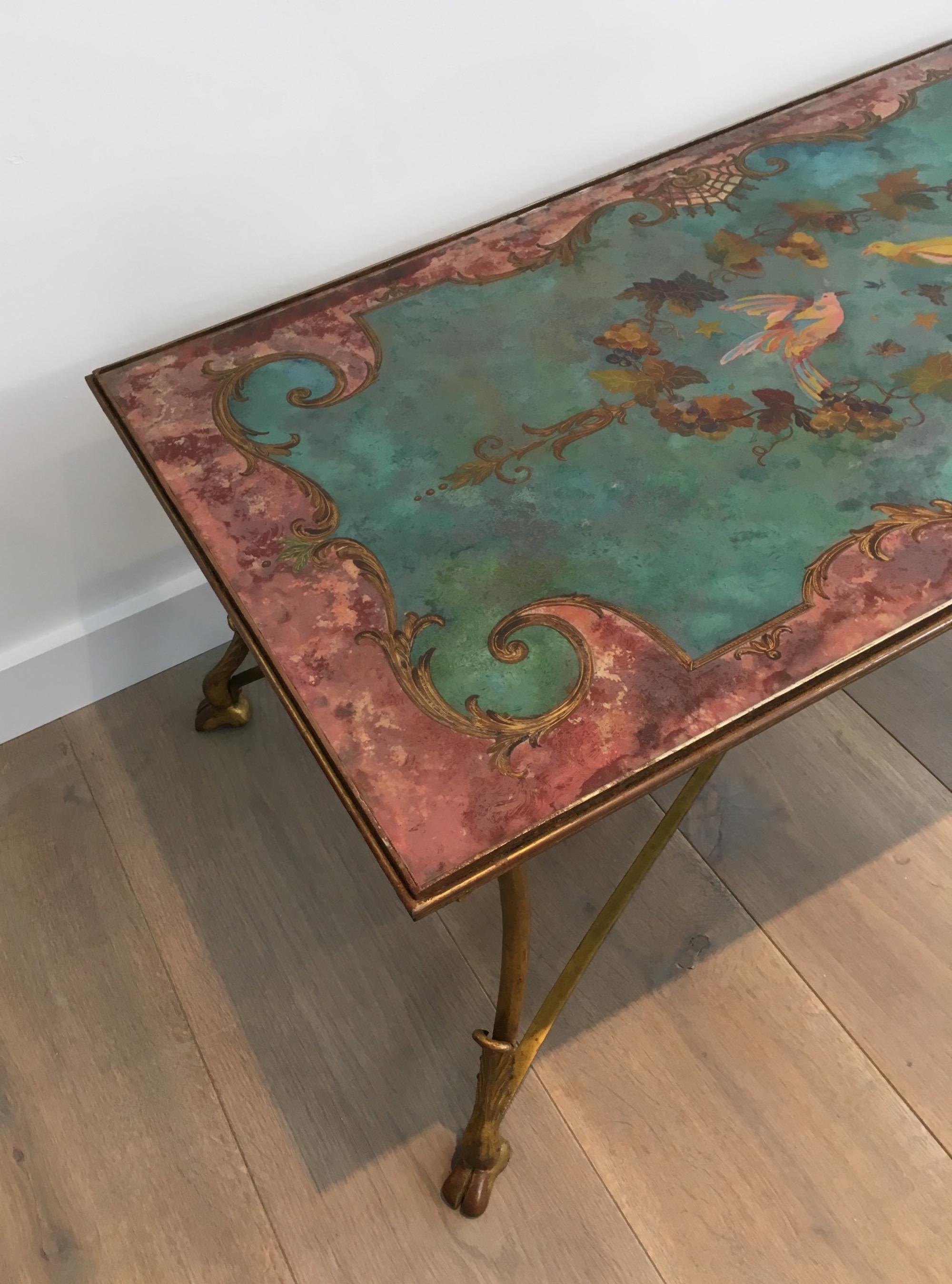 French Coffee Table with Beautiful Painting on Top Representing Birds and Flowers