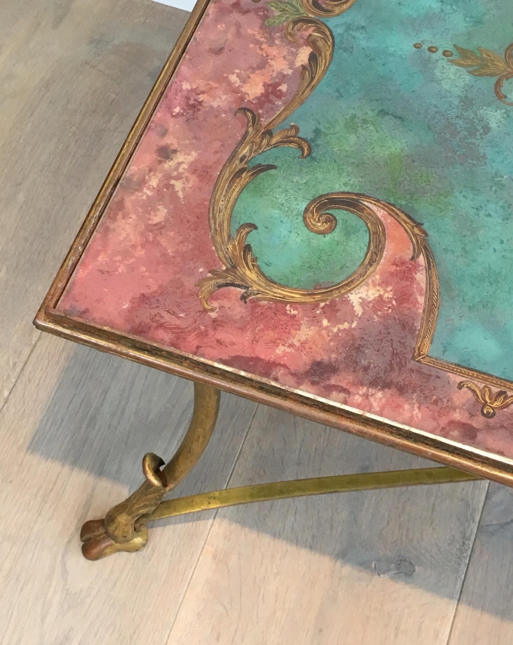 Gilt Coffee Table with Beautiful Painting on Top Representing Birds and Flowers
