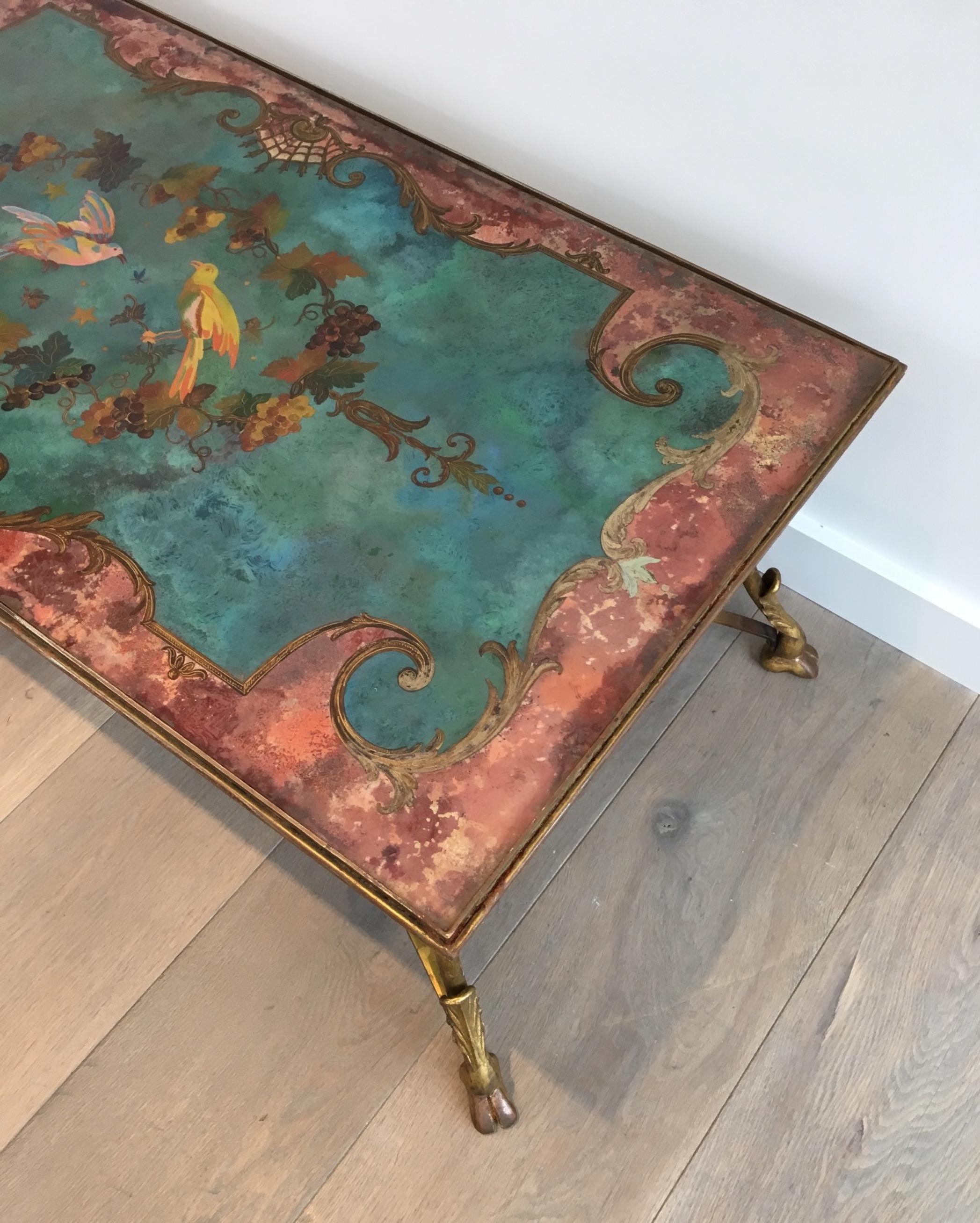 Mid-20th Century Coffee Table with Beautiful Painting on Top Representing Birds and Flowers