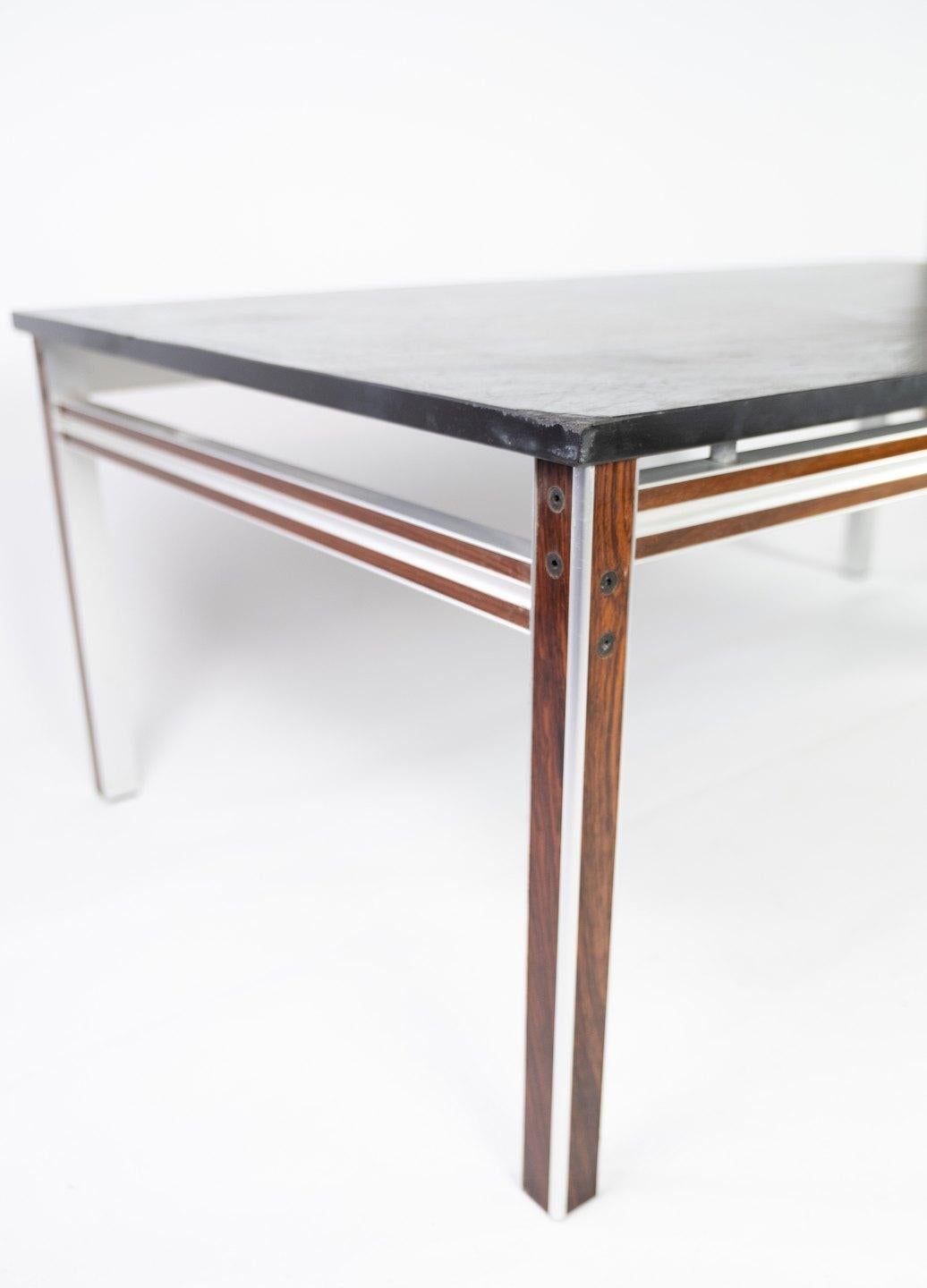 Mid-Century Modern Coffee Table With Black Slate Plate & Frame In Rosewood From 1970s For Sale
