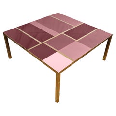Coffee Table with Brass Frame and Cartier Red Murano Glass in Different Shades