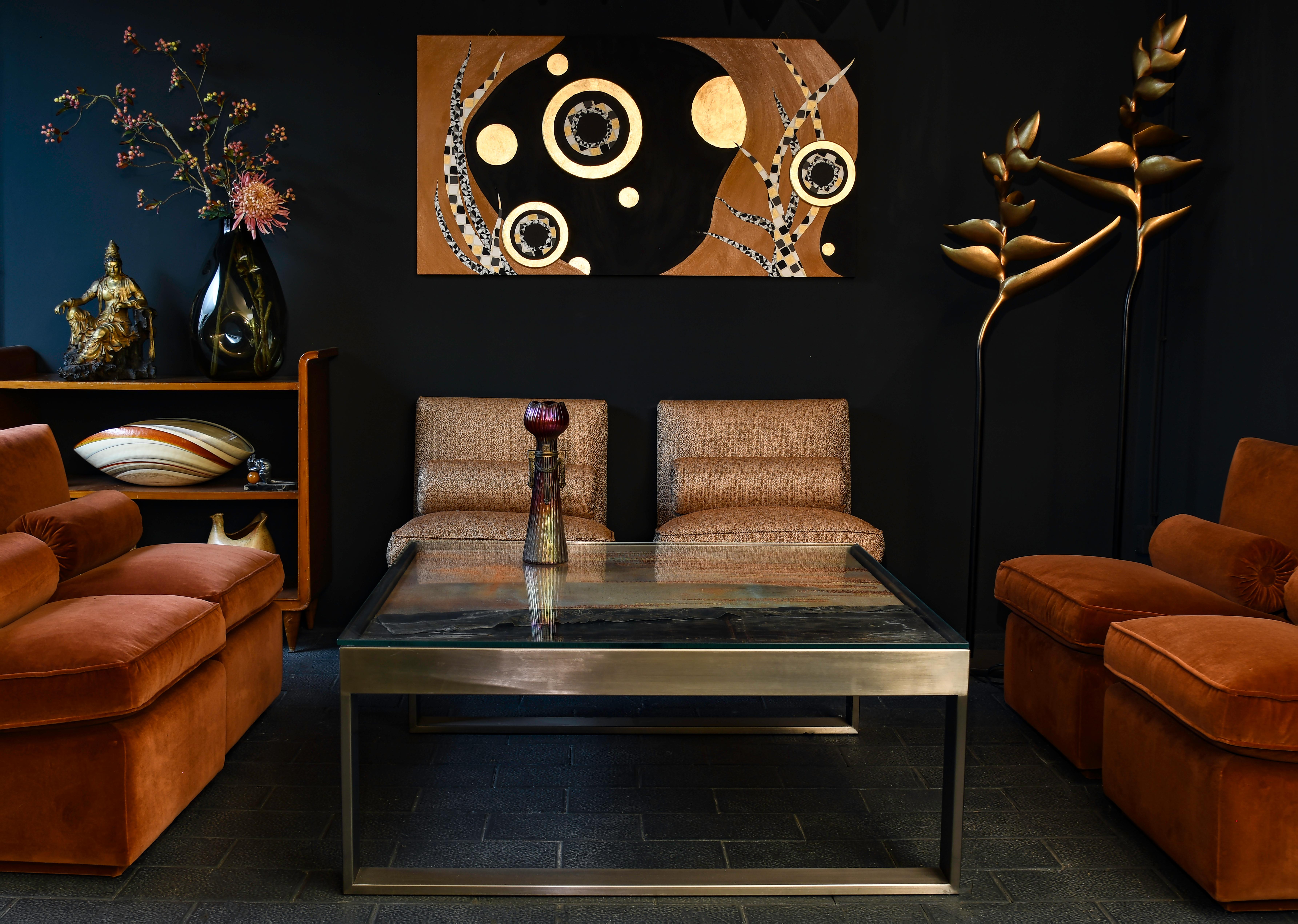 Modern Coffee Table With Canvas, Copper and Weathered Lead Top in Stainless Steel Base For Sale