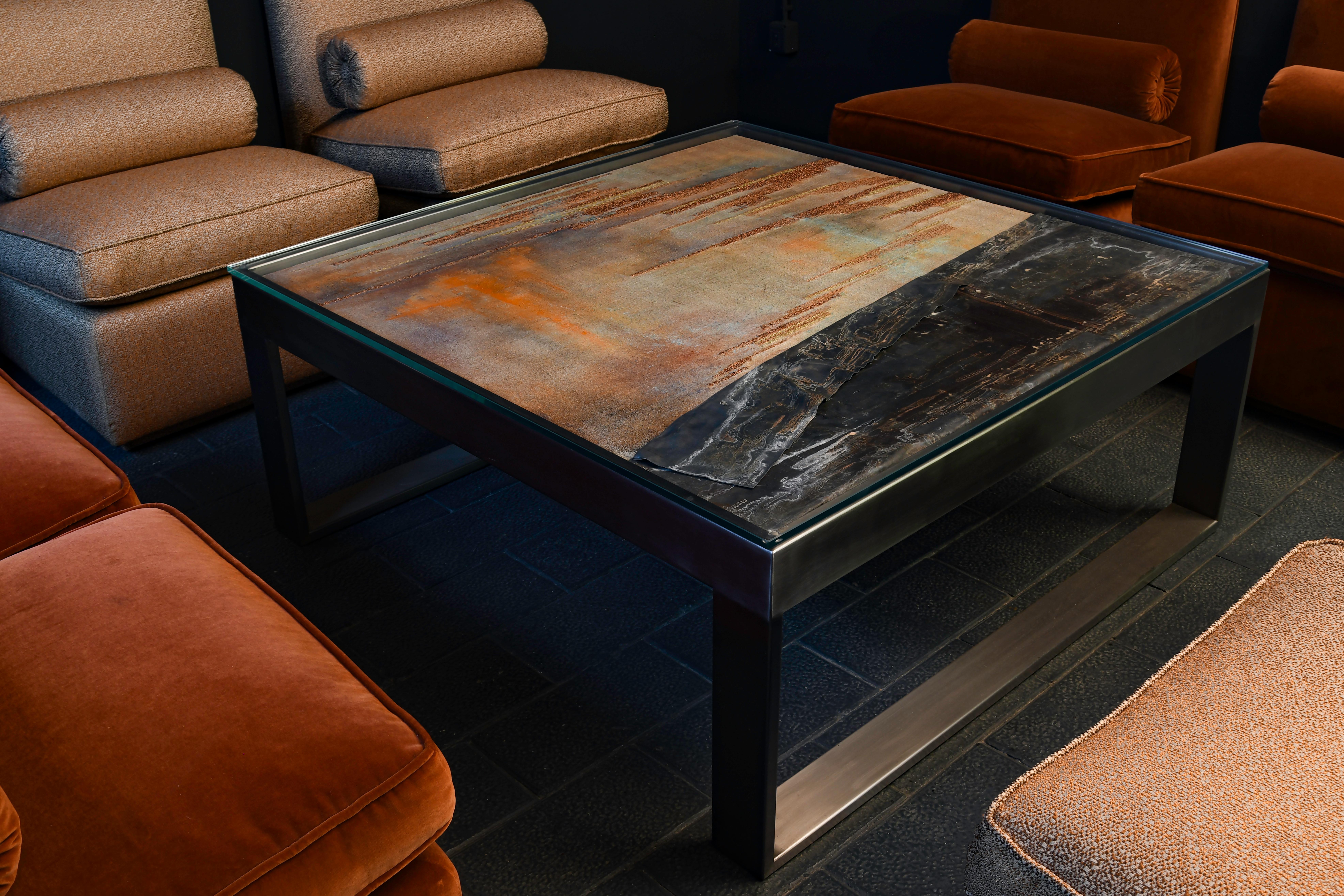 Italian Coffee Table With Canvas, Copper and Weathered Lead Top in Stainless Steel Base For Sale