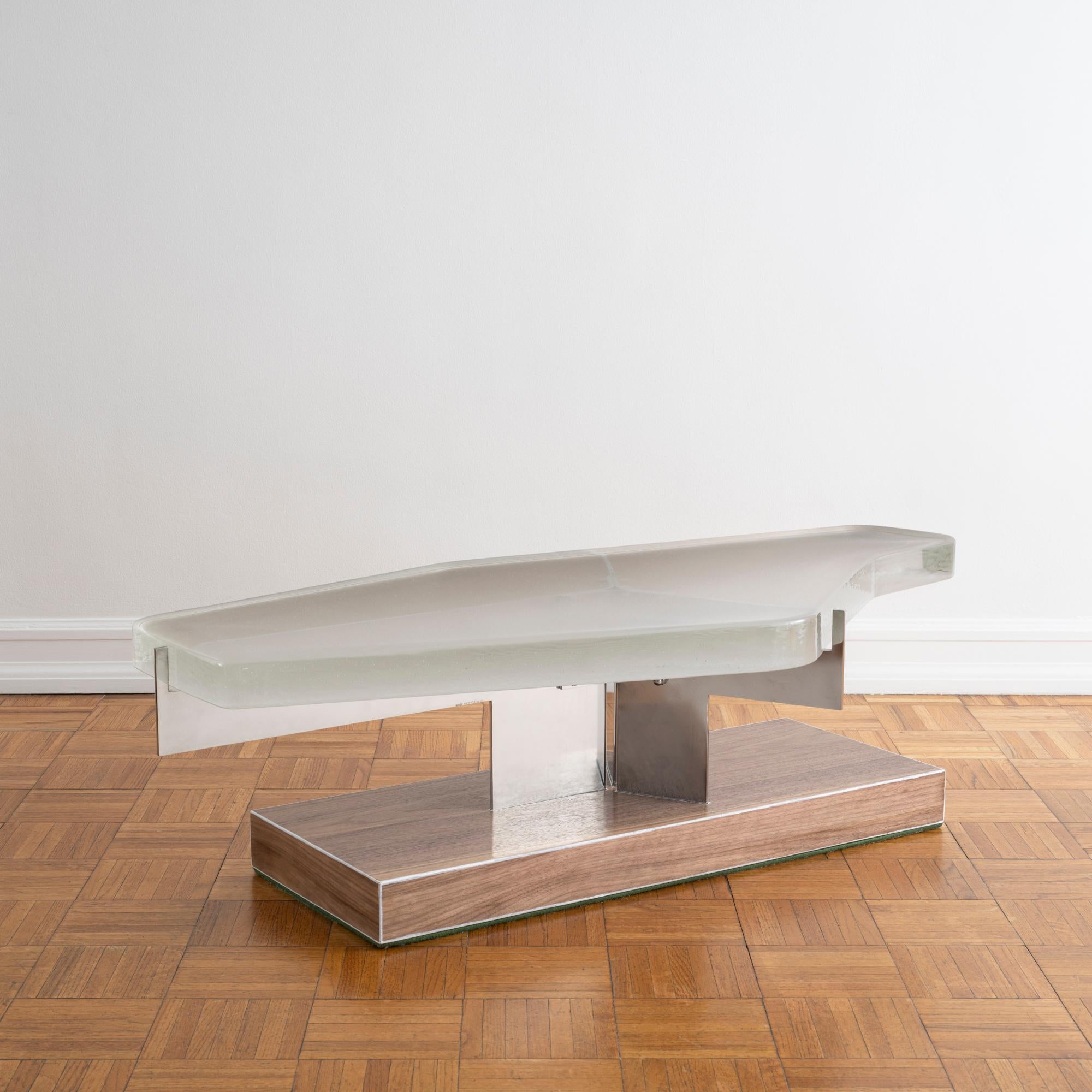 British Coffee Table with Cast Glass Top, Cantilevered Steel and Walnut Veneer Base For Sale