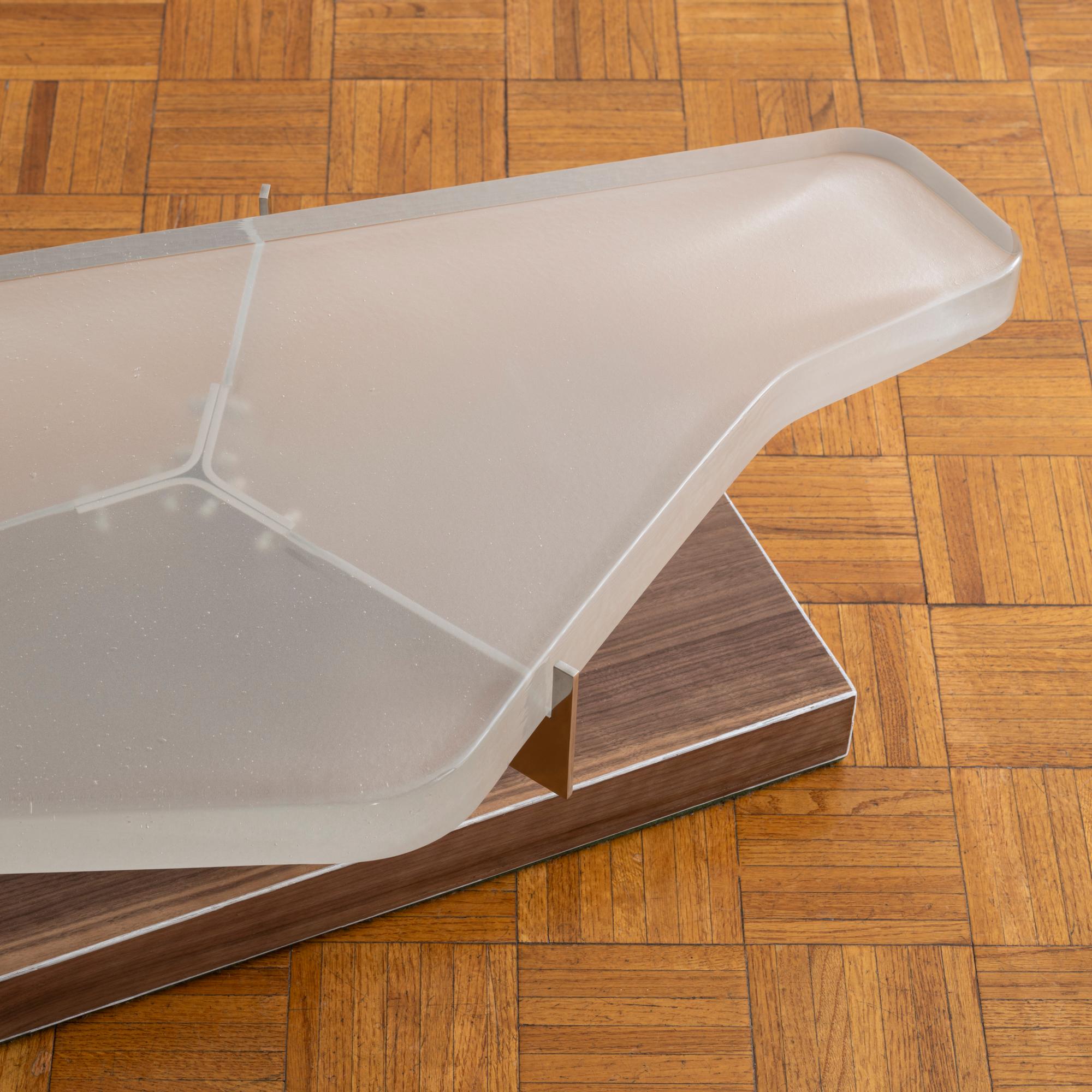 Coffee Table with Cast Glass Top, Cantilevered Steel and Walnut Veneer Base In New Condition For Sale In New York, NY
