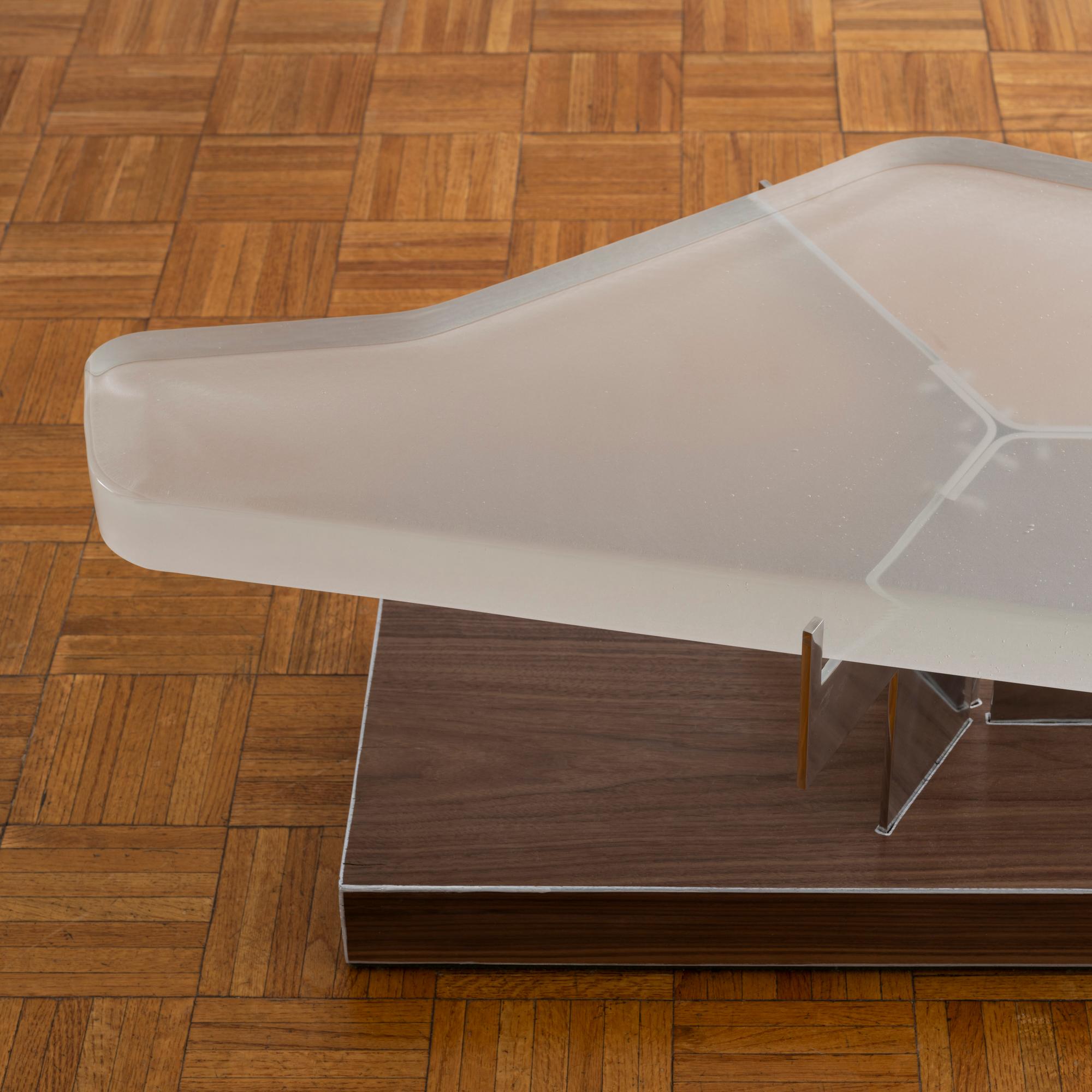 Contemporary Coffee Table with Cast Glass Top, Cantilevered Steel and Walnut Veneer Base For Sale