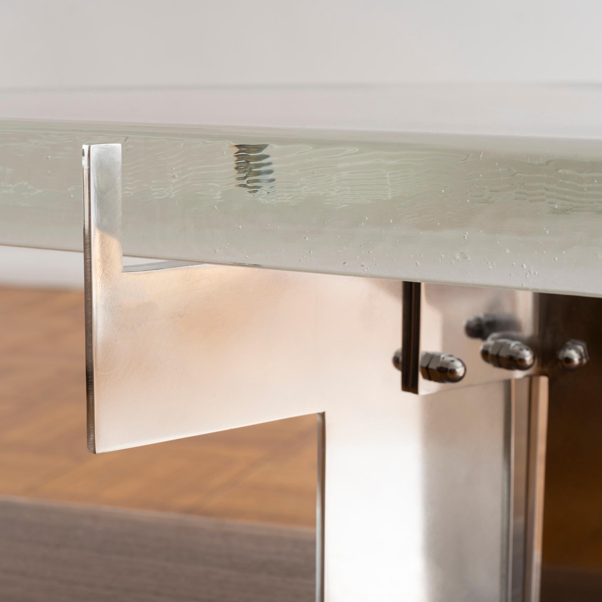 Wood Coffee Table with Cast Glass Top, Cantilevered Steel and Walnut Veneer Base For Sale
