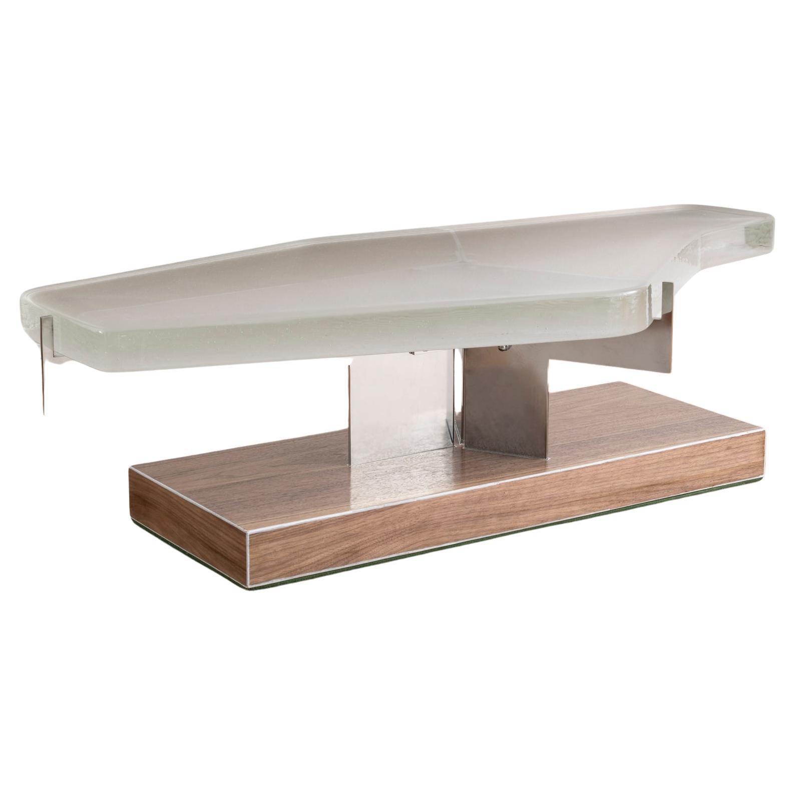 Coffee Table with Cast Glass Top, Cantilevered Steel and Walnut Veneer Base