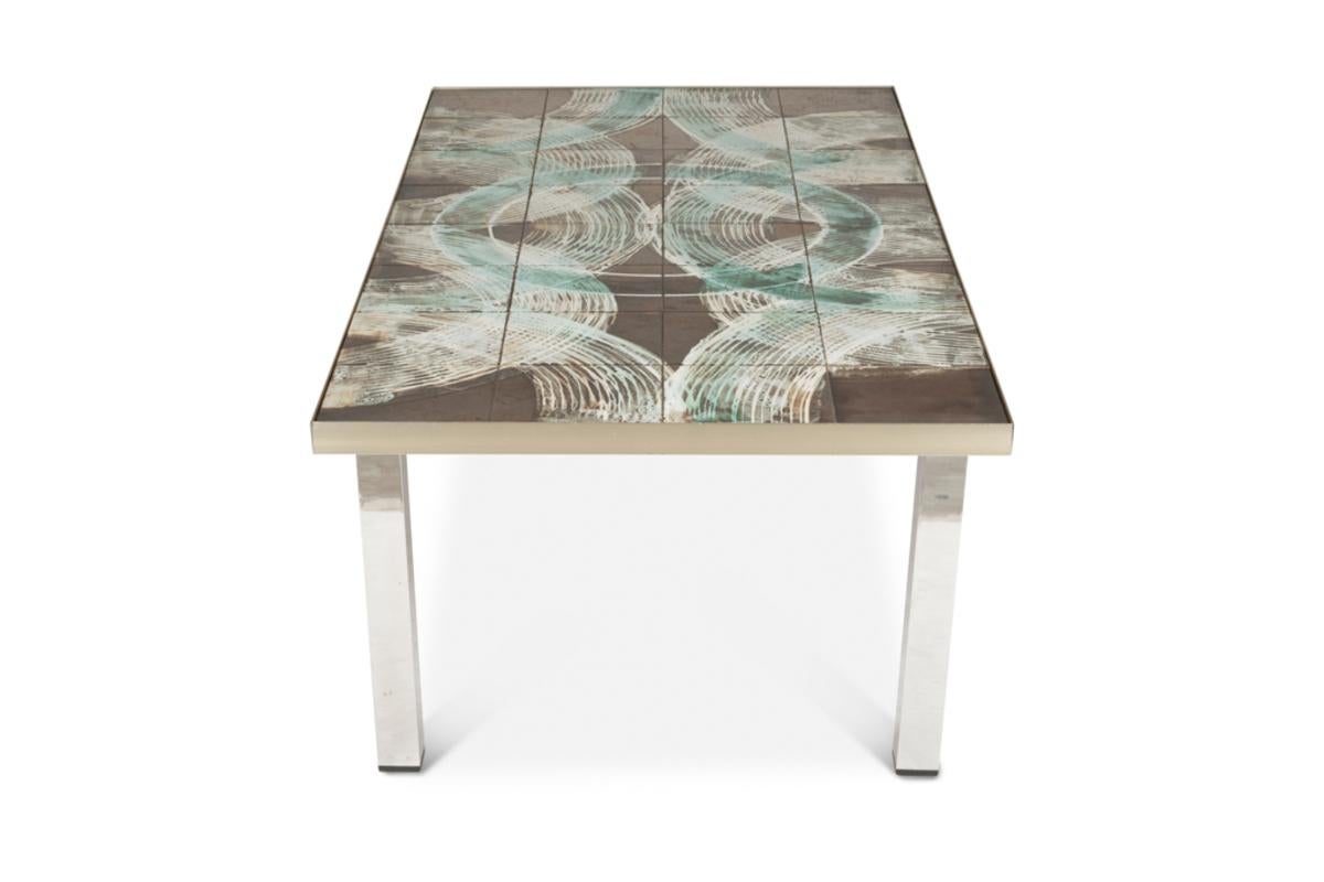 European Coffee table with ceramic and chrome-plated top. Circa 1970. For Sale