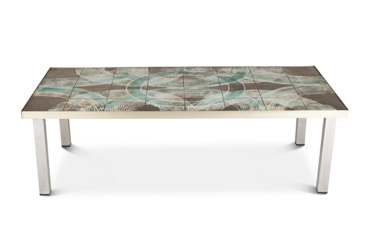 Ceramic Coffee table with ceramic and chrome-plated top. Circa 1970. For Sale