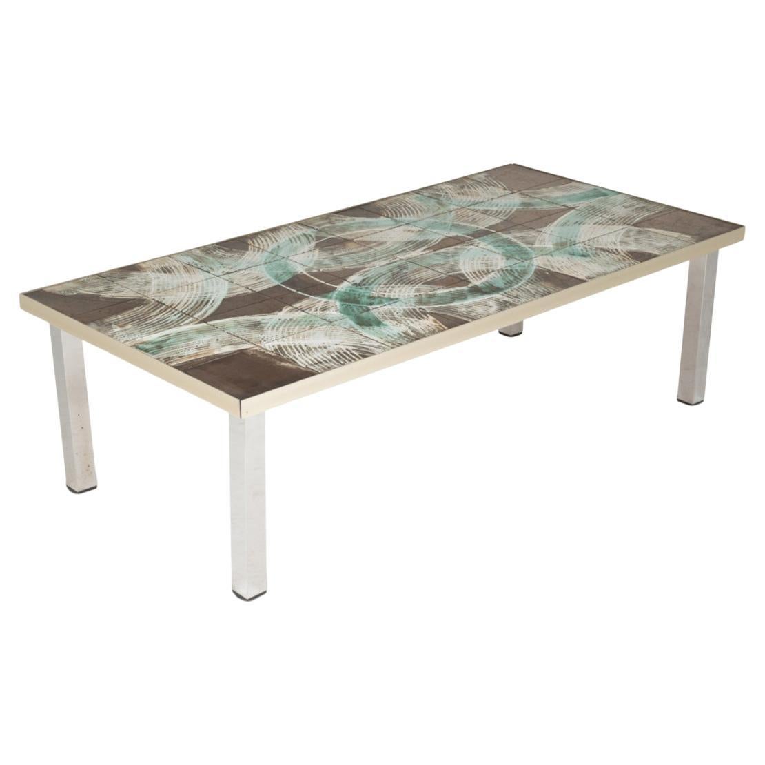 Coffee table with ceramic and chrome-plated top. Circa 1970. For Sale