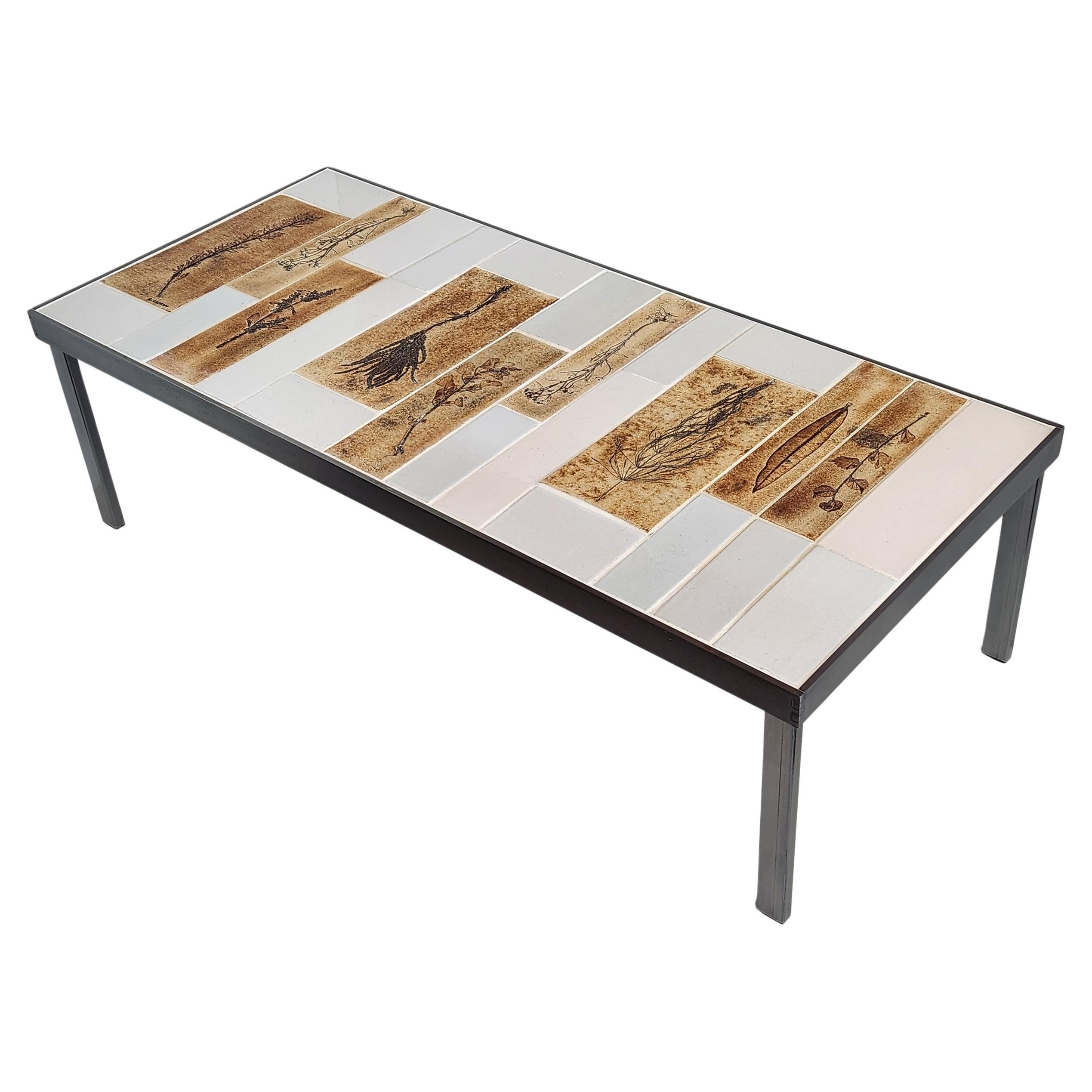 Roger Capron - Coffee Table, Garrigue/White Ceramic Tiles, Dovetail Metal Frame For Sale