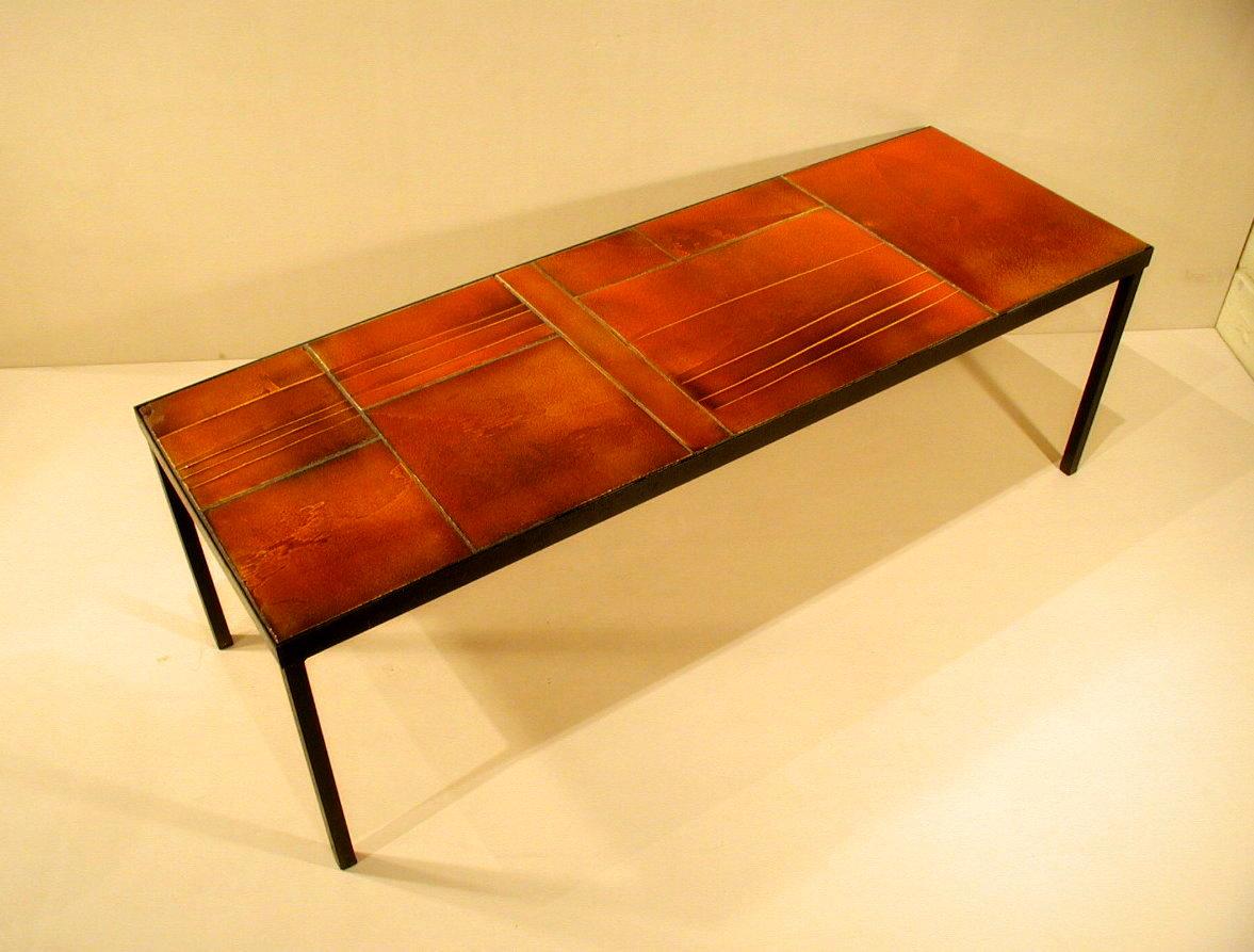 Mid-Century Modern Coffee Table with Ceramic Lava Tiles by Roger Capron