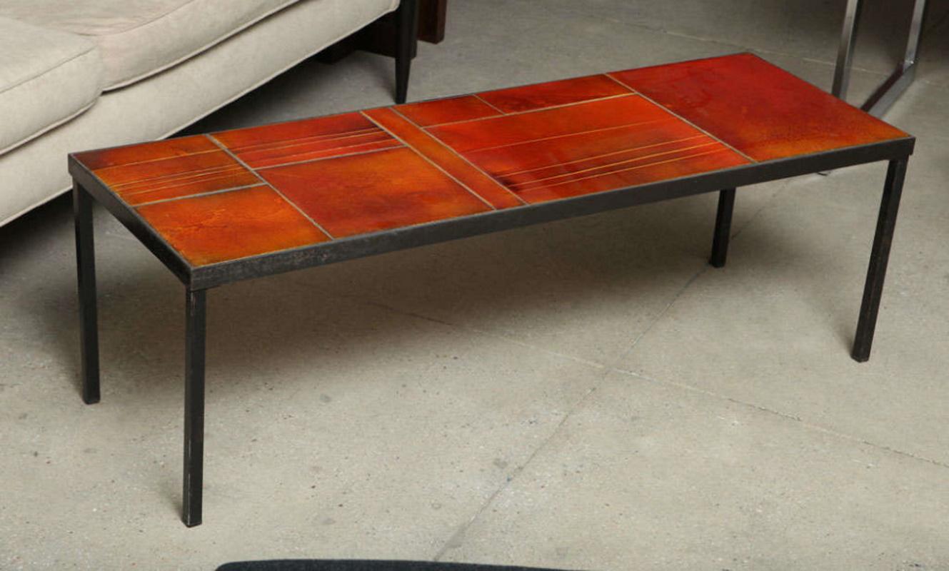 French Coffee Table with Ceramic Lava Tiles by Roger Capron