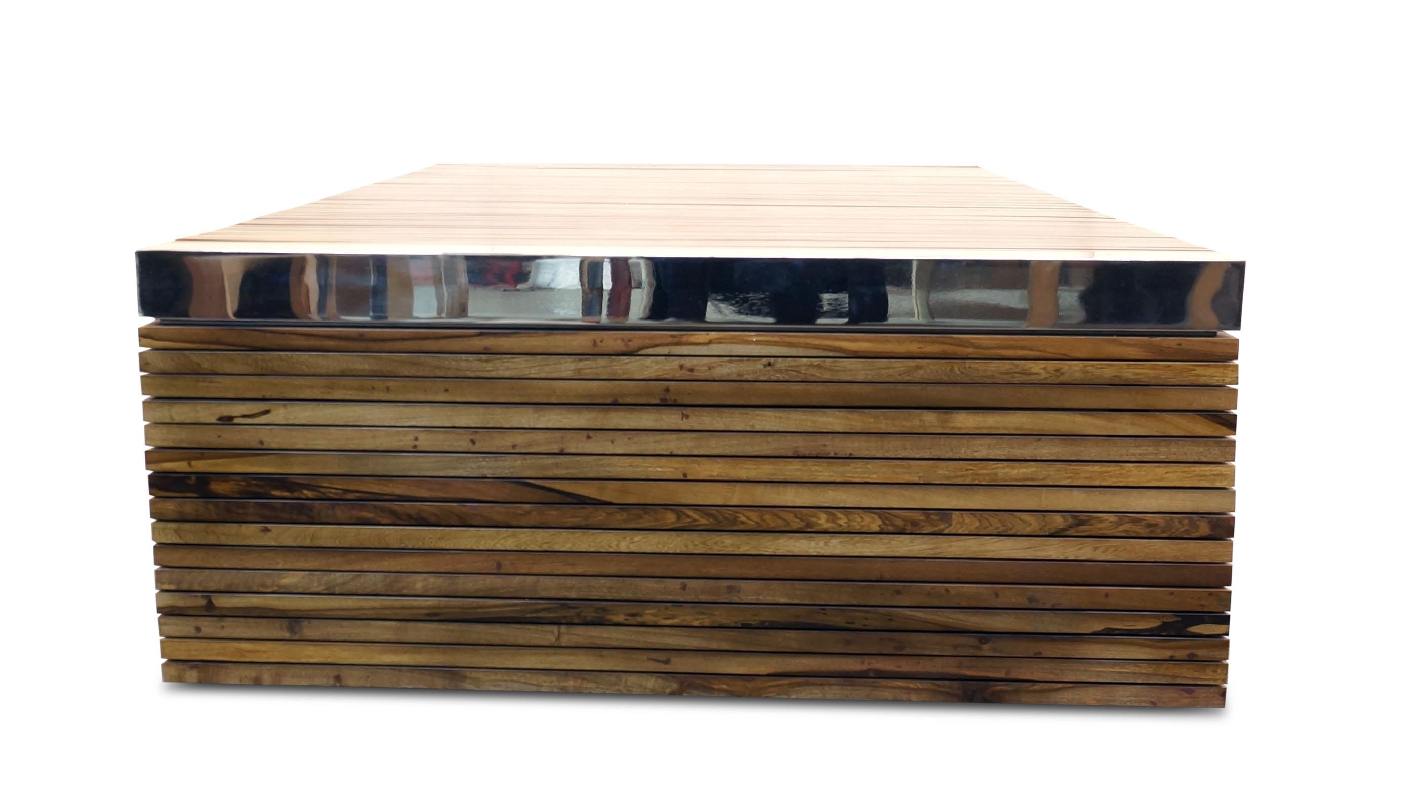 Modern Coffee Table with Exotic Wood Slats and Nickel-Plated Details, Argilla For Sale