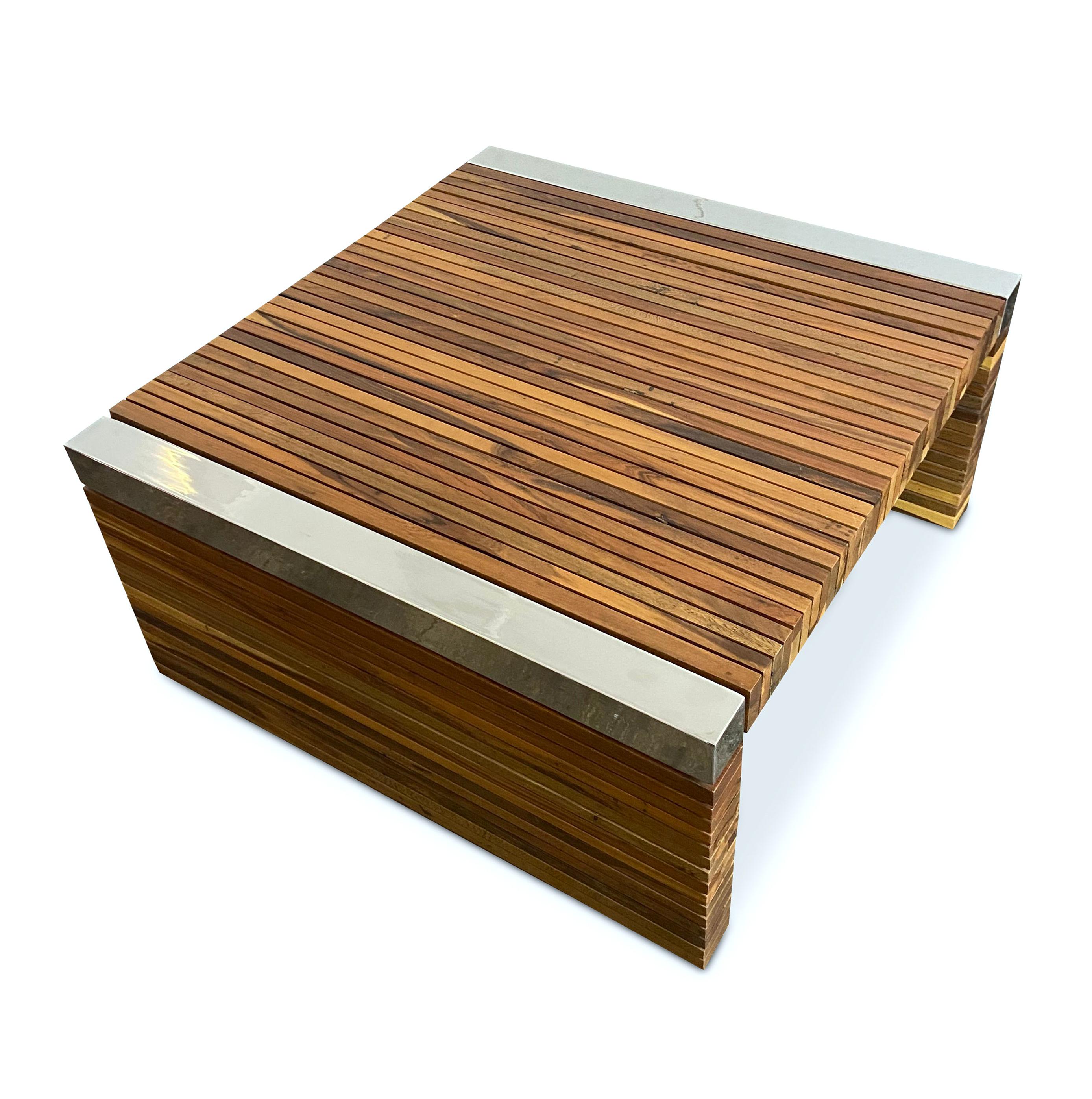 Argentine Coffee Table with Exotic Wood Slats and Nickel-Plated Details, Argilla For Sale