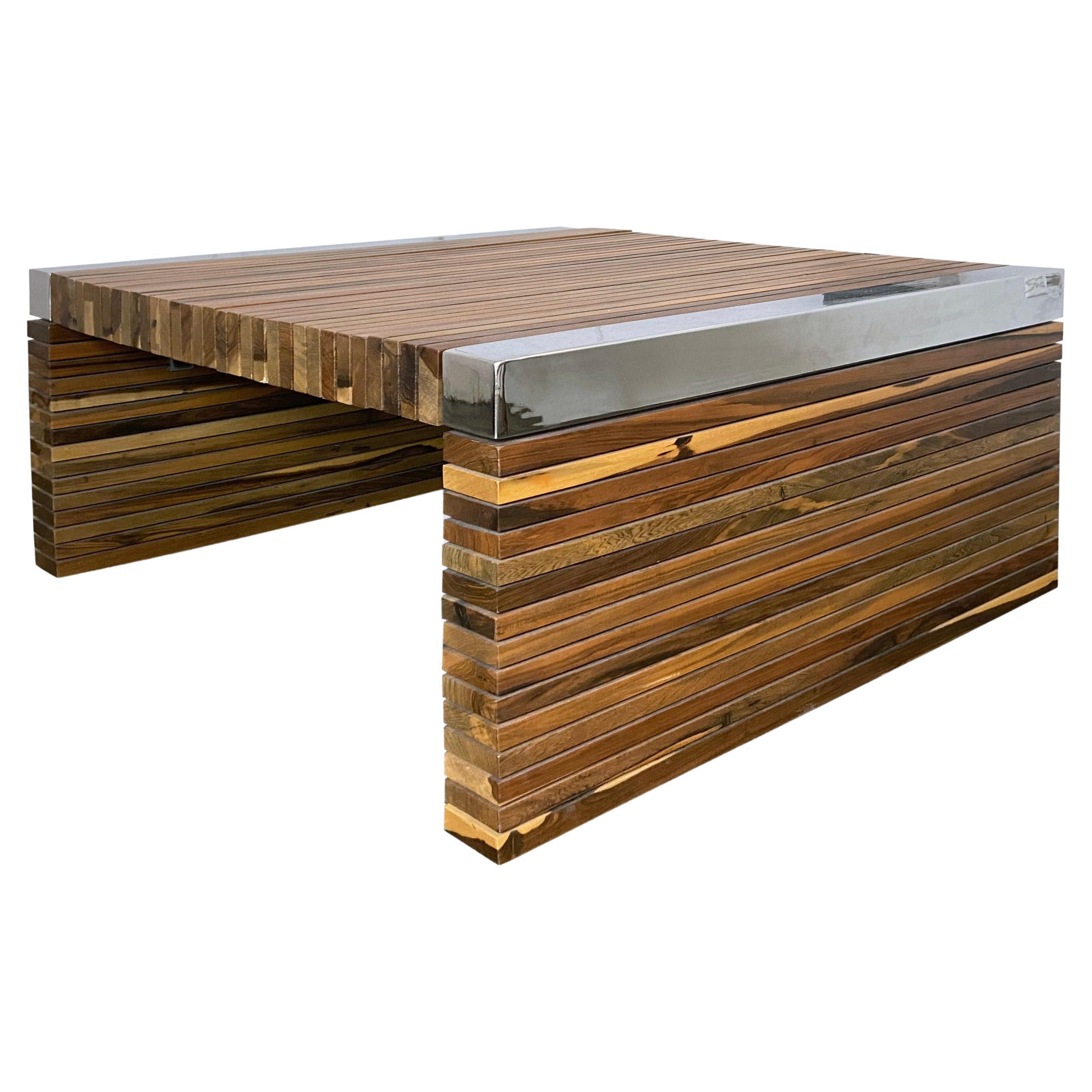 Coffee Table with Exotic Wood Slats and Nickel-Plated Details, Argilla, In Stock For Sale