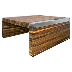 Coffee Table with Exotic Wood Slats and Nickel-Plated Details, Argilla, In Stock